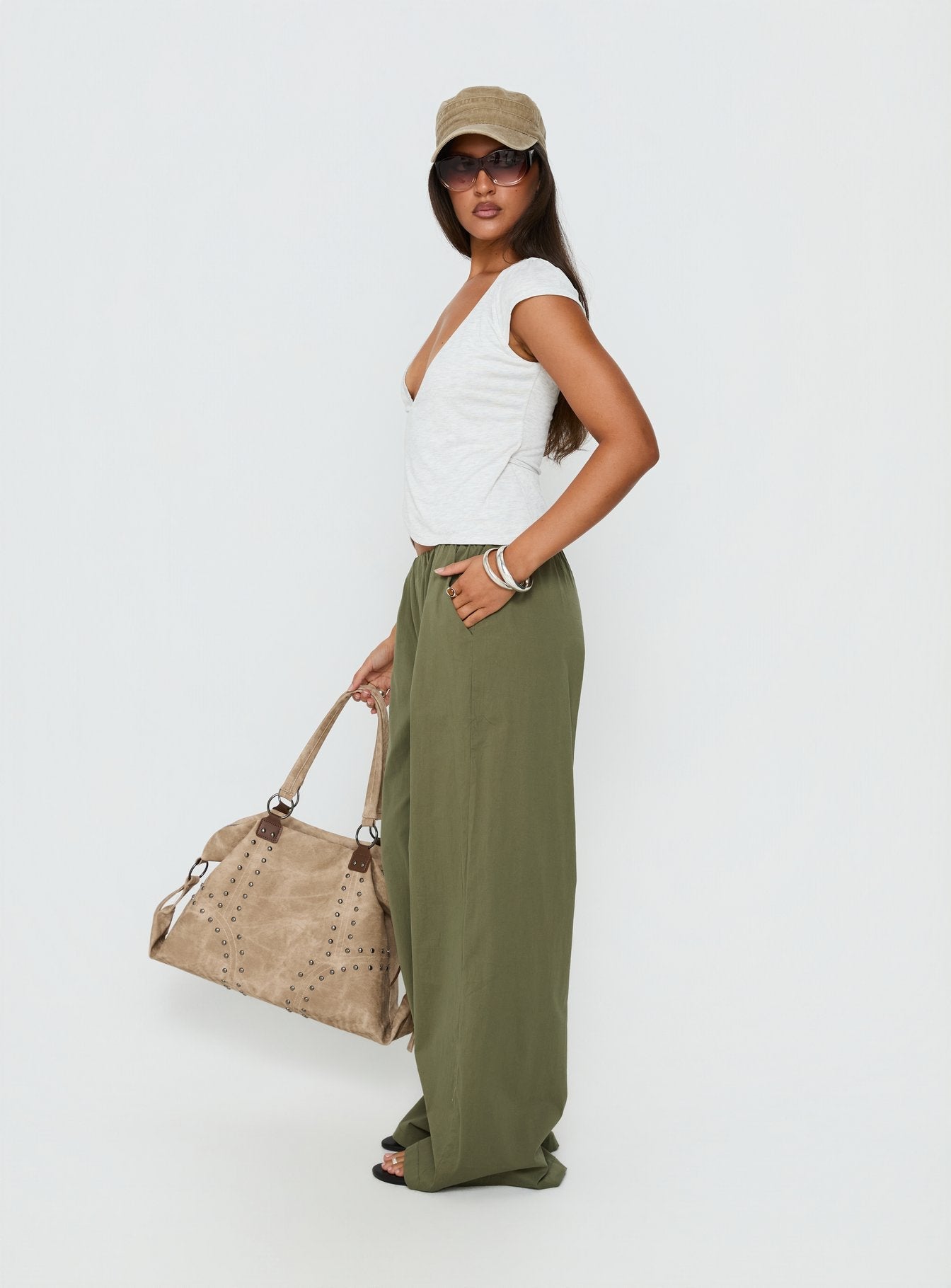 Lunea Concealed Waistband Pants Khaki - loose fit women's bottoms by Ellevoria