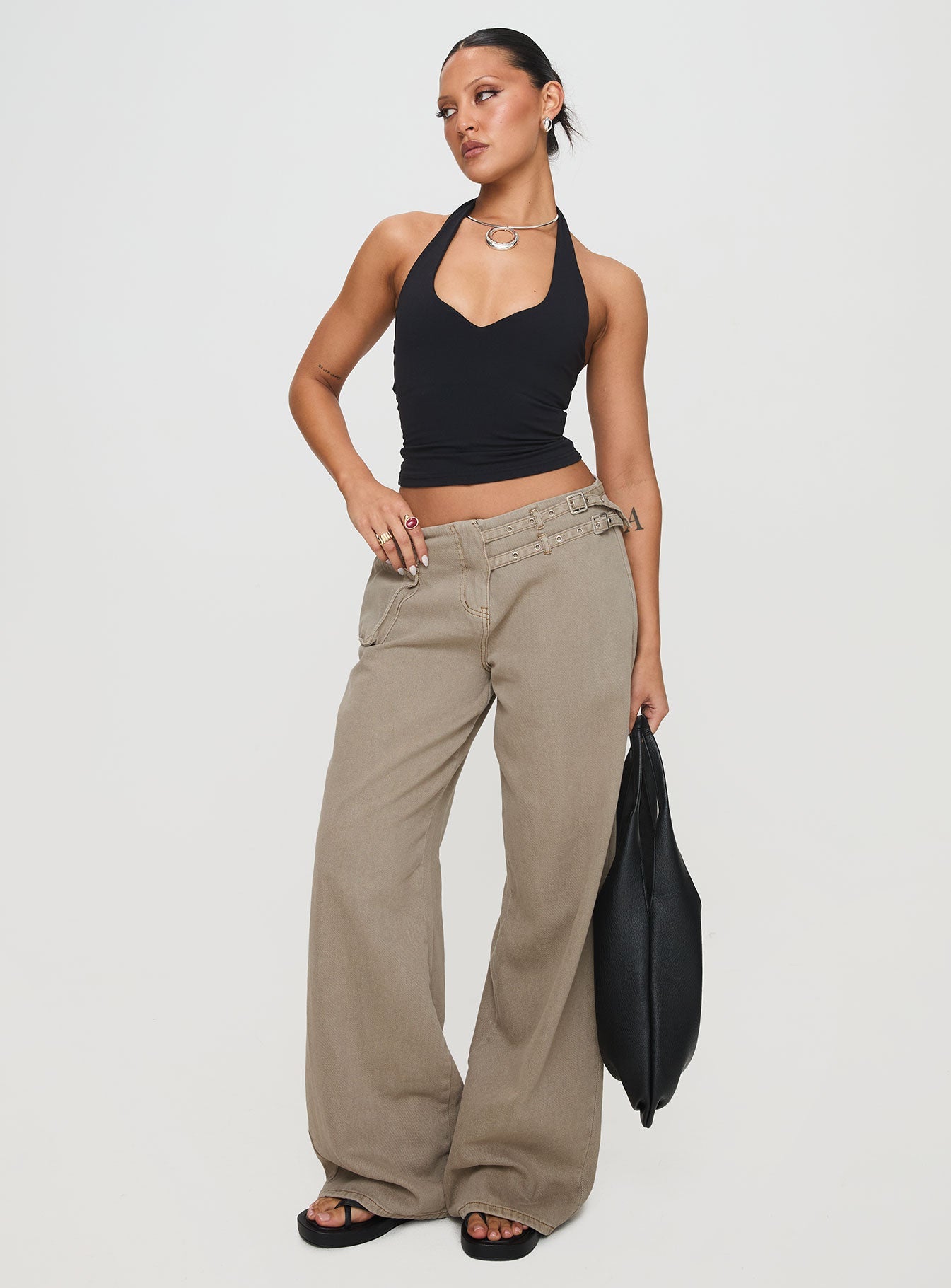Paltrow Mid Rise Wide Leg Cargo Jeans Washed Brown Petite women's denim jeans by Ellevoria
