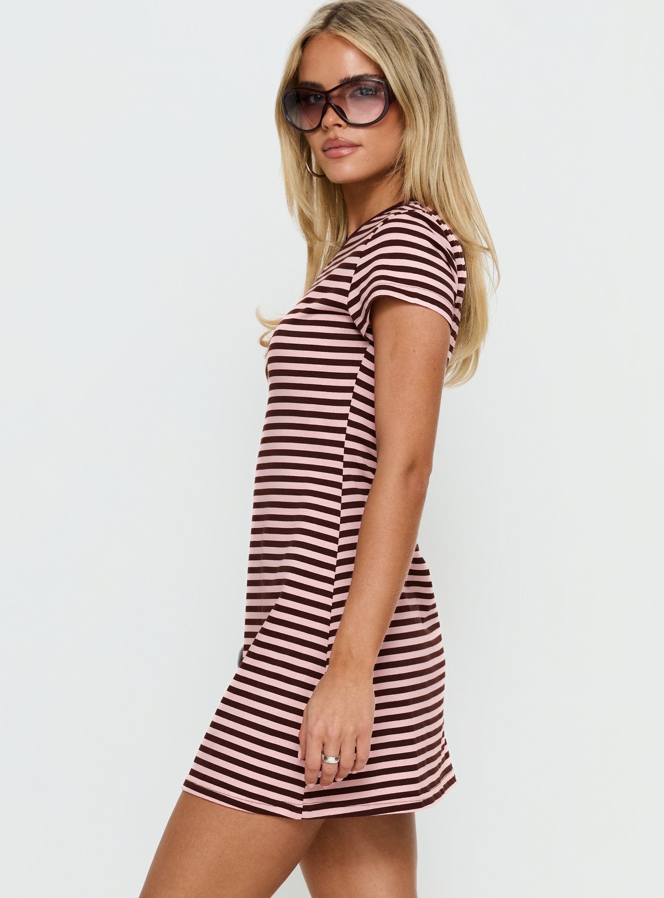 Settle Down Short Sleeve Mini Dress Pink / Brown Stripe women's matching set by Ellevoria