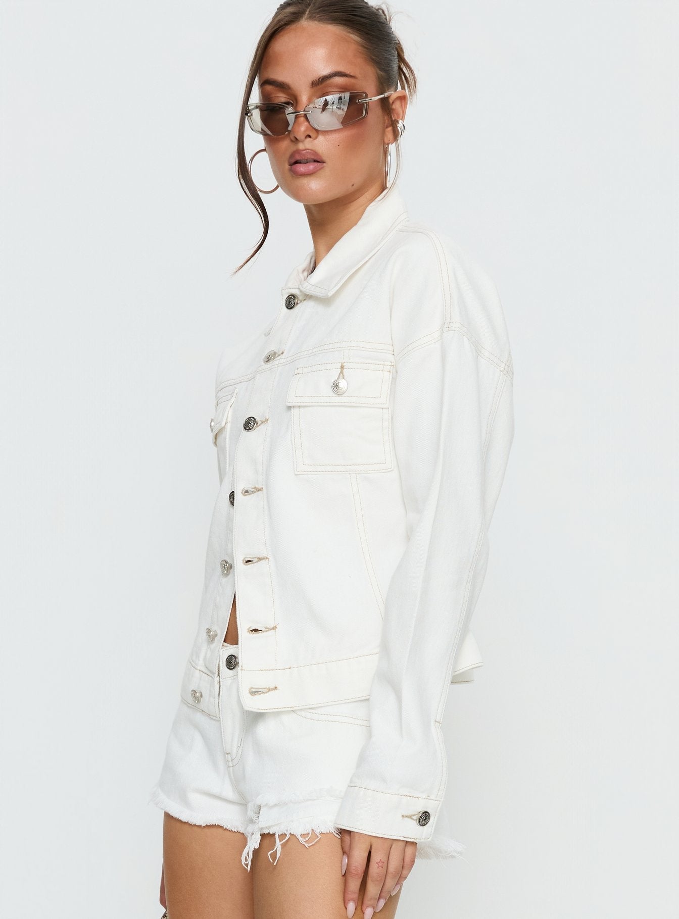 Caresse Cinched Denim Jacket White women's jacket by Ellevoria