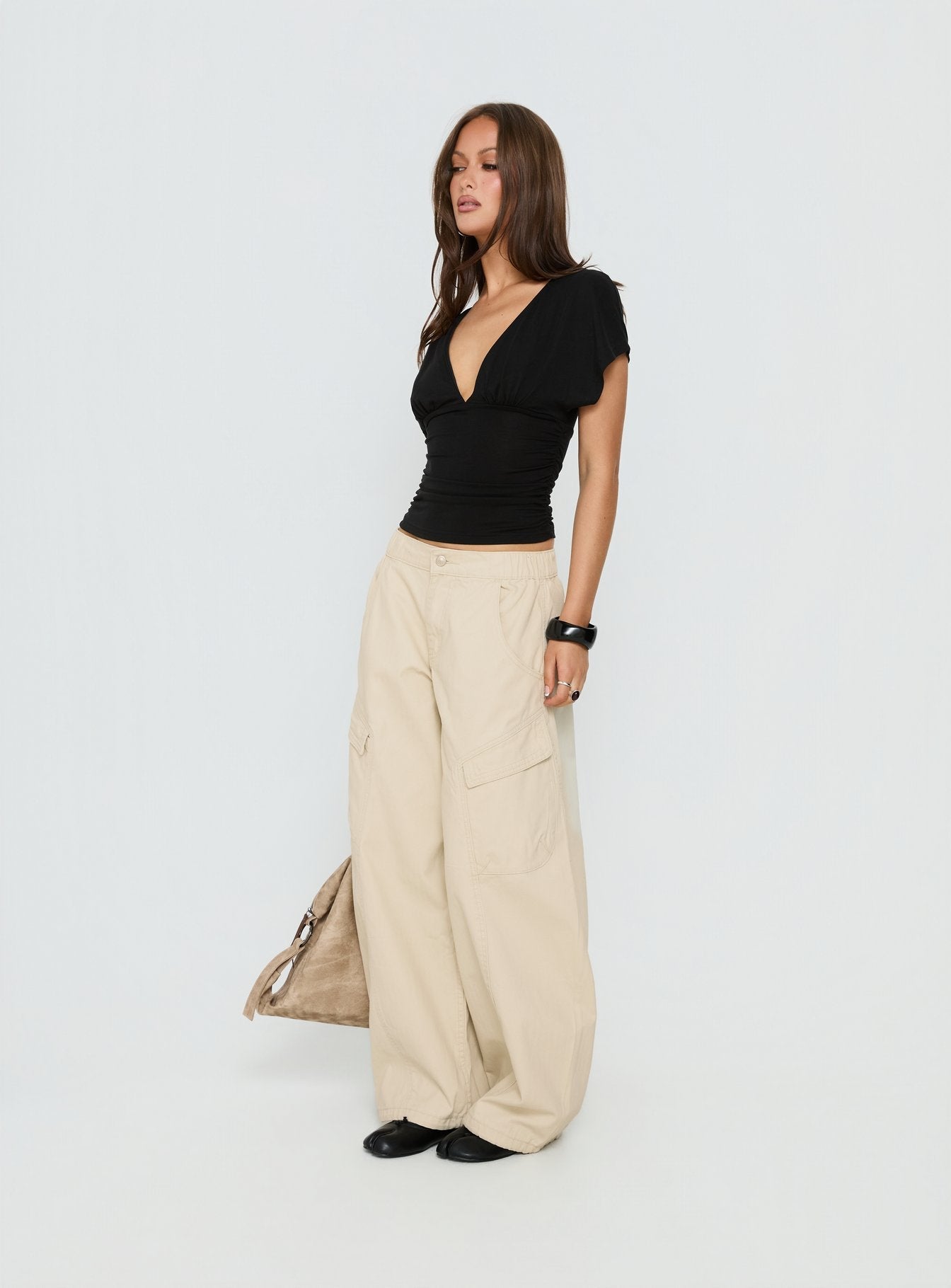 Selective Memory Low Rise Wide Leg Cargo Pants Cream - loose fit women's bottoms by Ellevoria