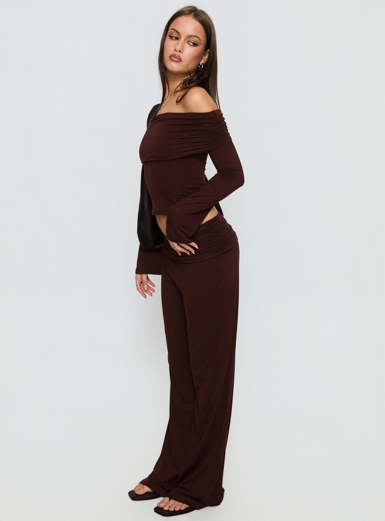 Fawne Ruched Folded Pants Brown women's pant set by Ellevoria