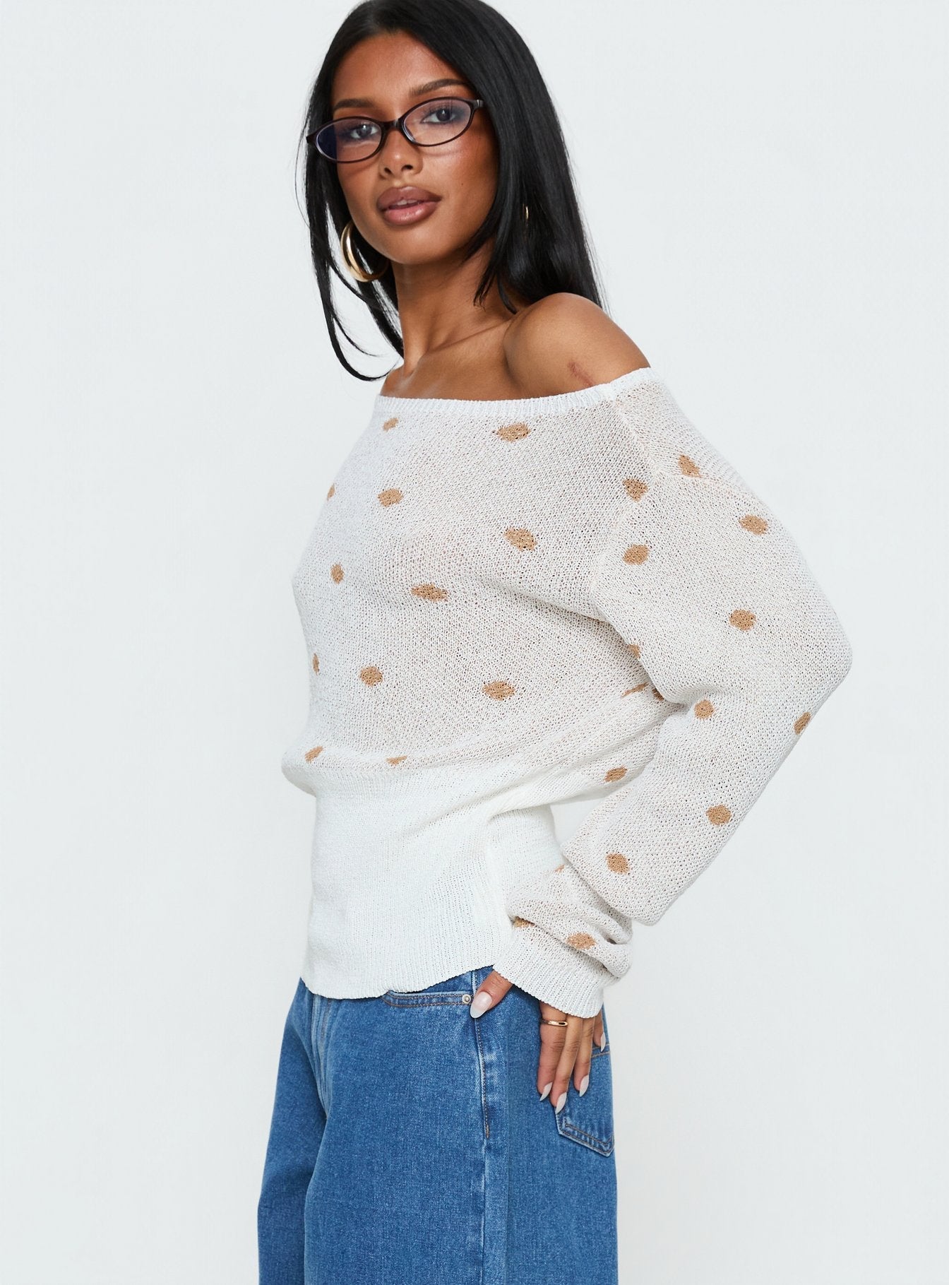 Harvy Off Shoulder Knit Sweater White Polka women's sweater by Ellevoria