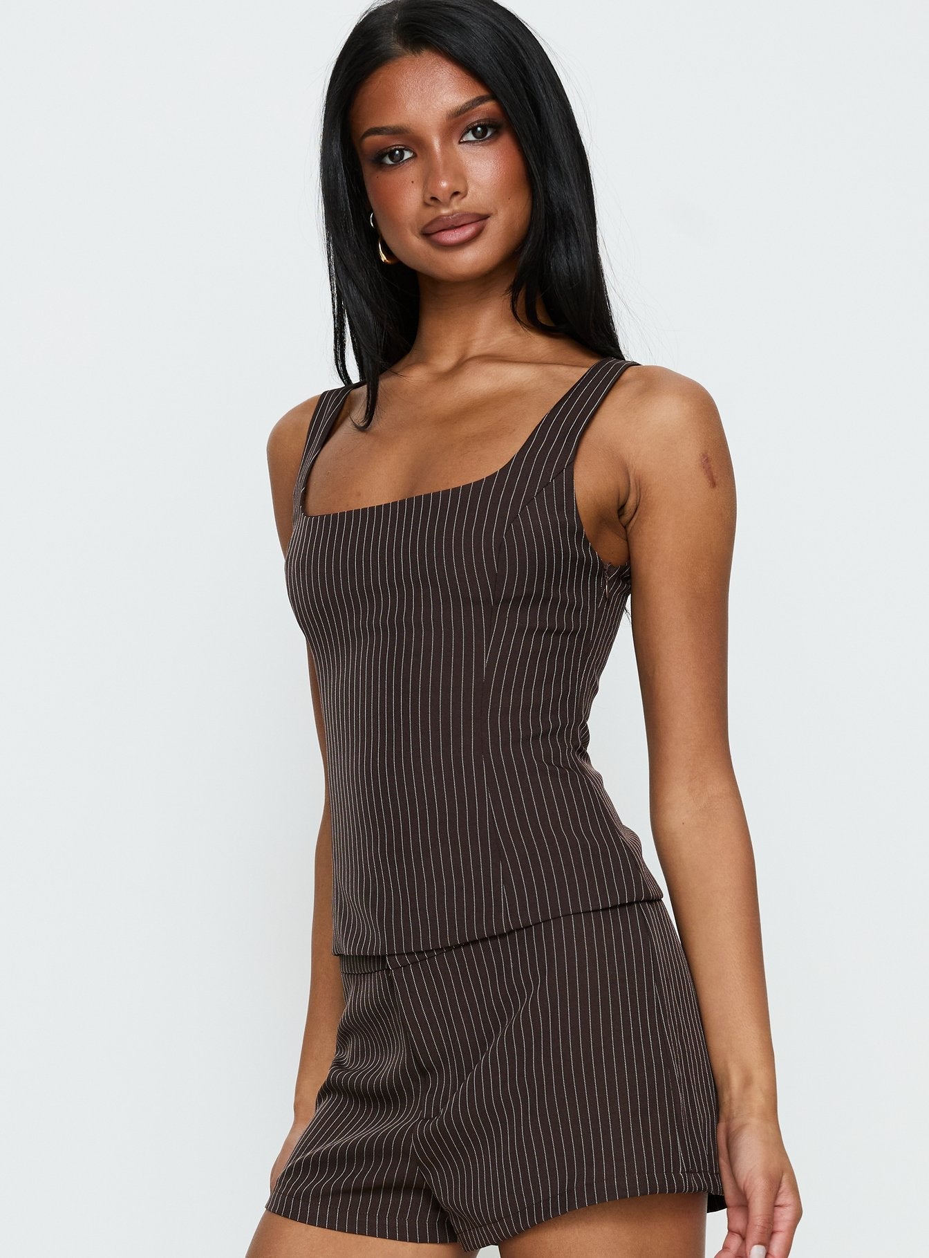 Party Invitations Tailored Top Brown Pinstripe women's two piece set by Ellevoria