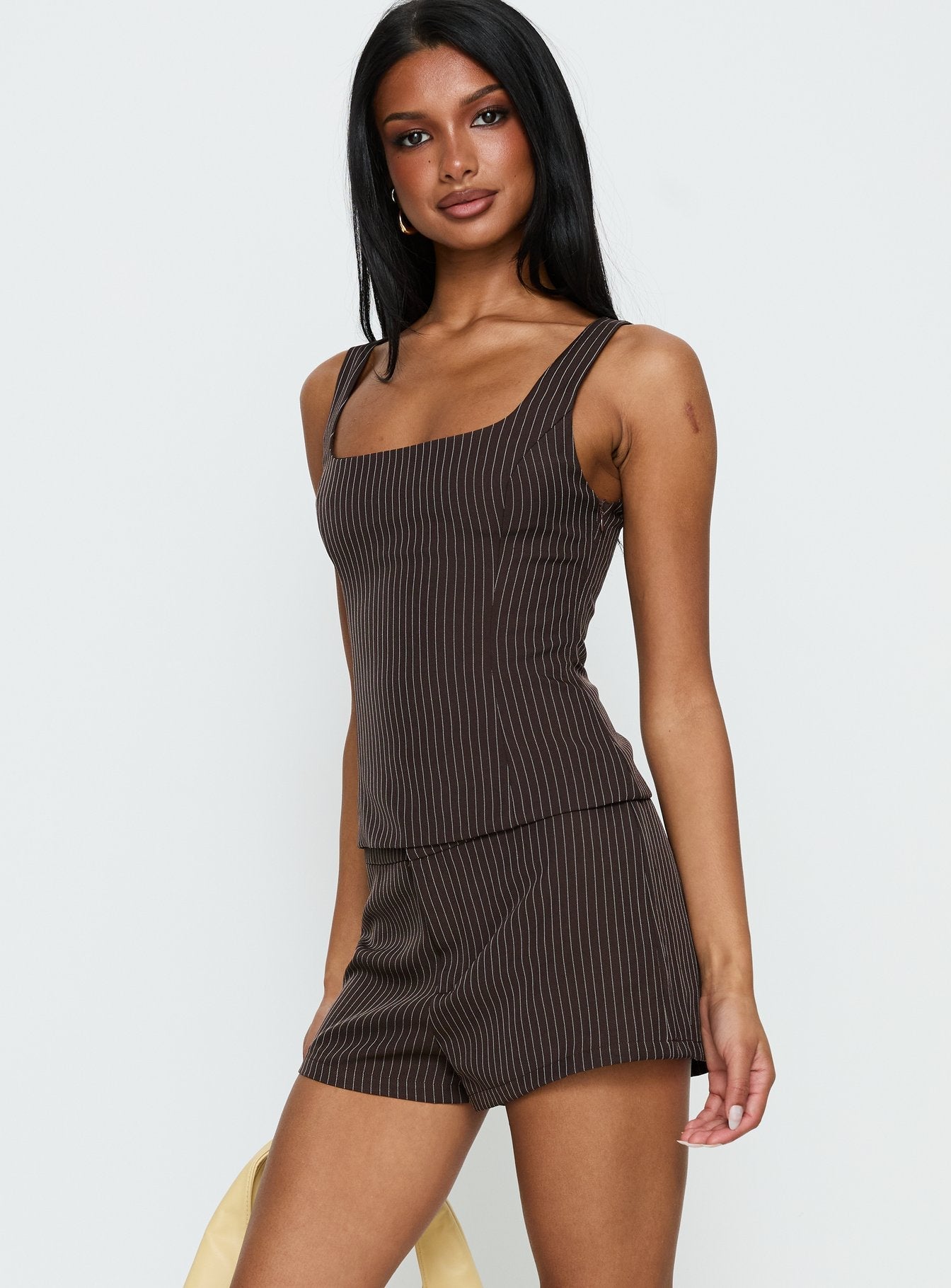 Party Invitations Tailored Shorts Brown Pinstripe women's two piece set by Ellevoria