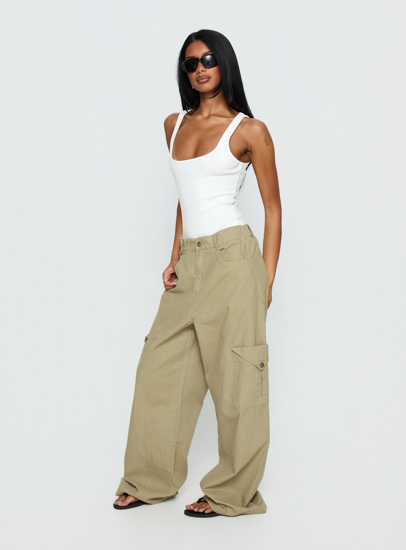 Sylene Pocket Detail Cargo Pants Khaki - loose fit women's bottoms by Ellevoria