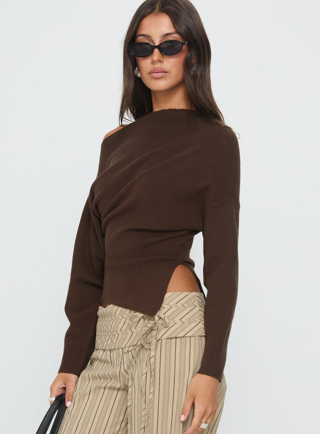 Kaelith Off Shoulder Knit Sweater Brown women's sweater by Ellevoria