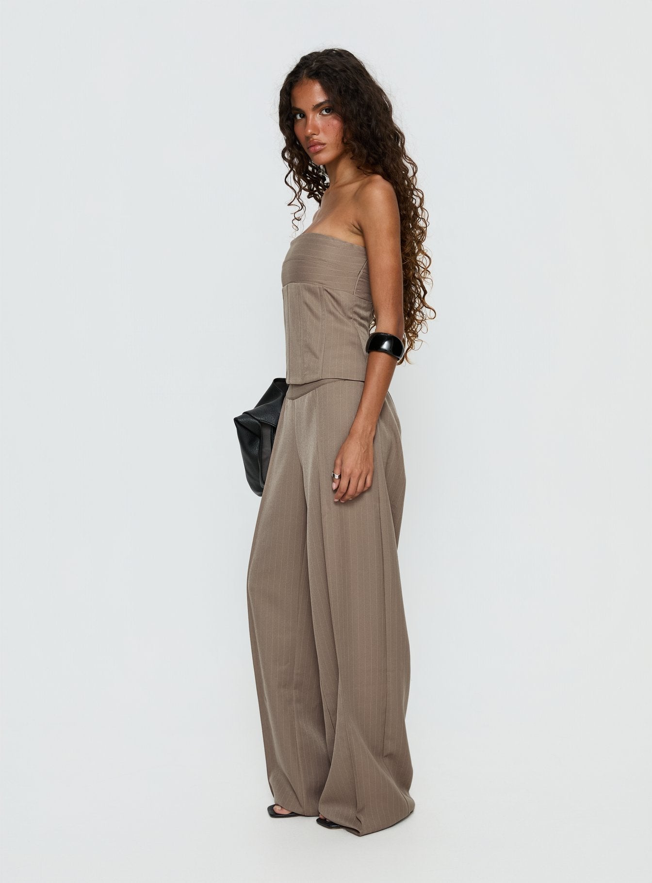 Madelle Strapless Tie Up Top Brown Pinstripe women's two piece set by Ellevoria