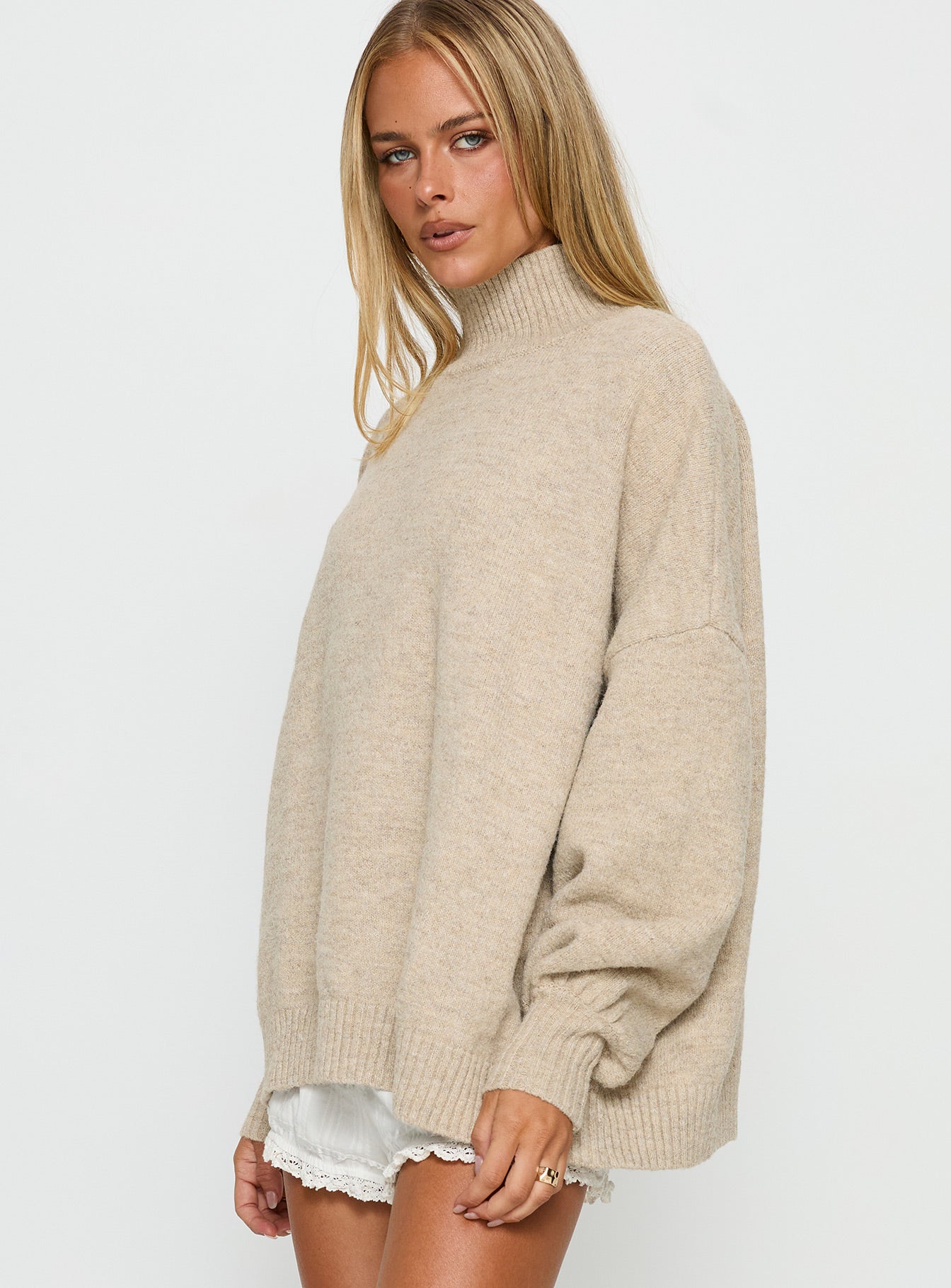 Patrizia Funnel Neck Knit Sweater Beige women's sweater by Ellevoria