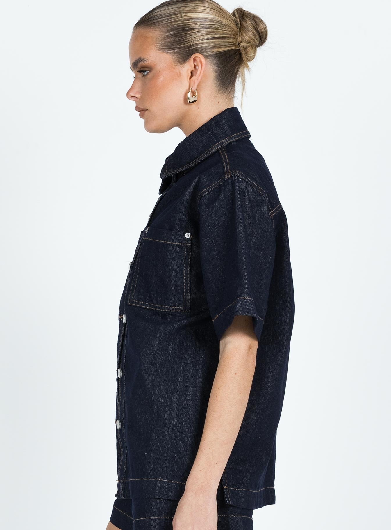 Whitaker Short Sleeve Shacket Dark Denim - women's shirt by Ellevoria - view 4