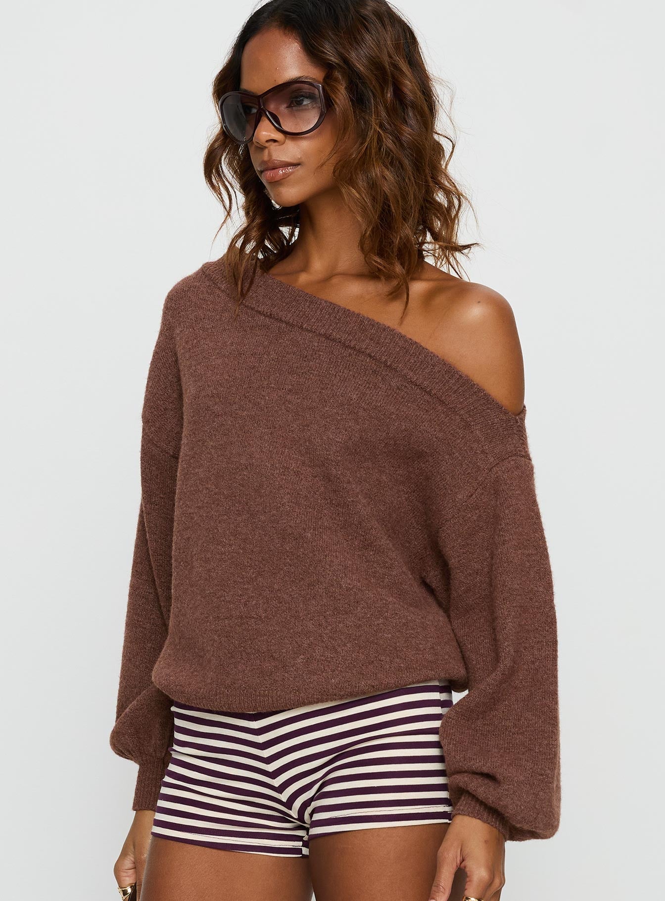 Noble Off The Shoulder Sweater Chocolate women's sweater by Ellevoria