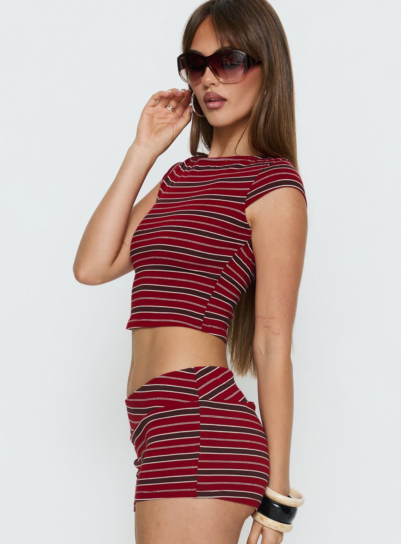 Veyona Cap Sleeve Top Red Stripe women's two piece set by Ellevoria