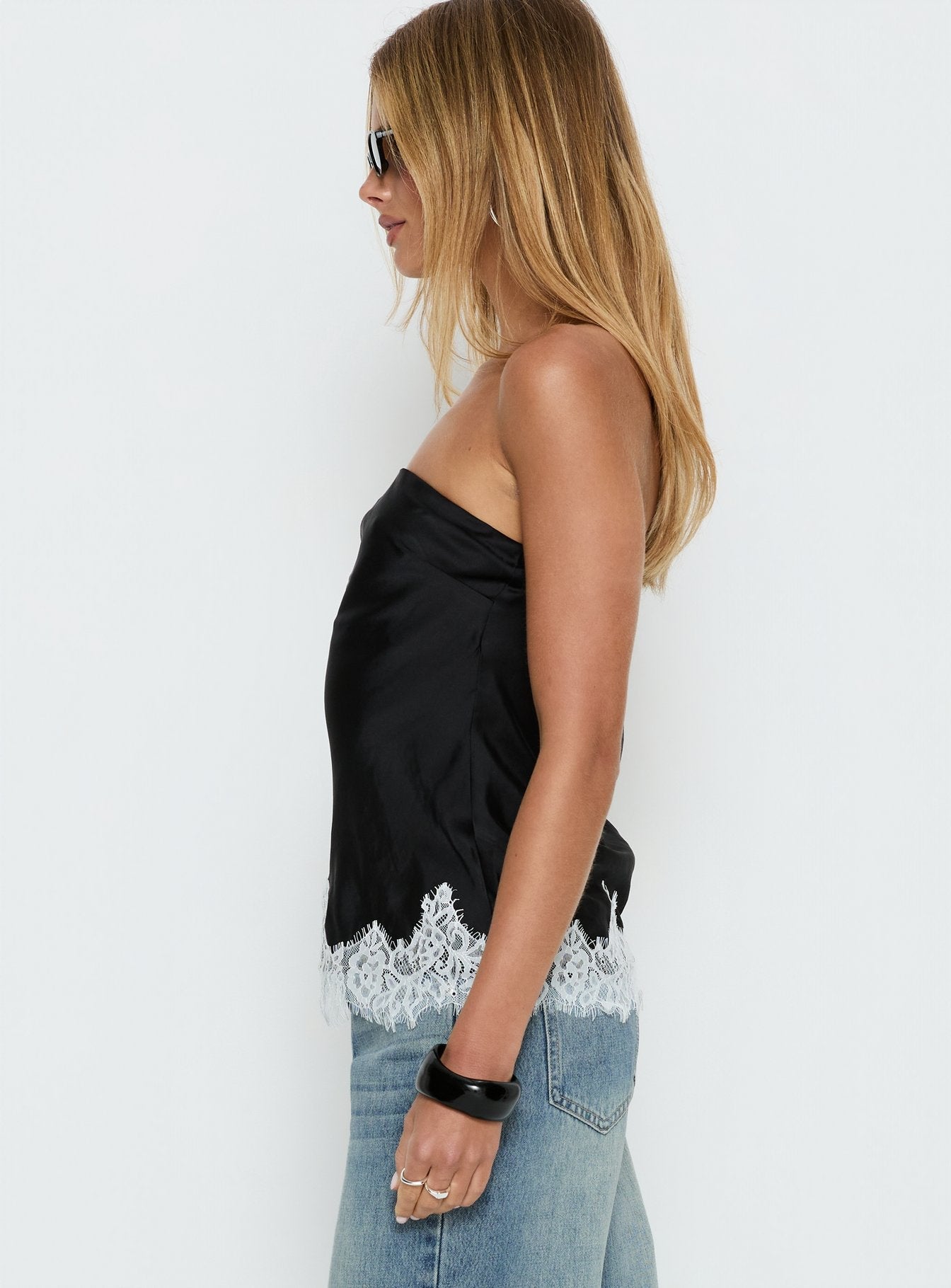 Fiorelle Strapless Lace Trim Satin Top Black / White - women's top by Ellevoria - view 4