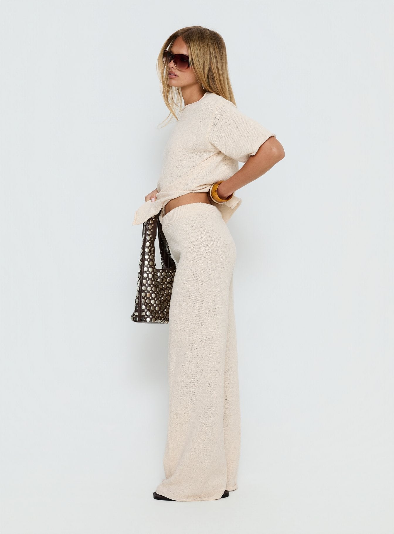 Calisse Knit Wide Leg Pants Beige women's pant set by Ellevoria
