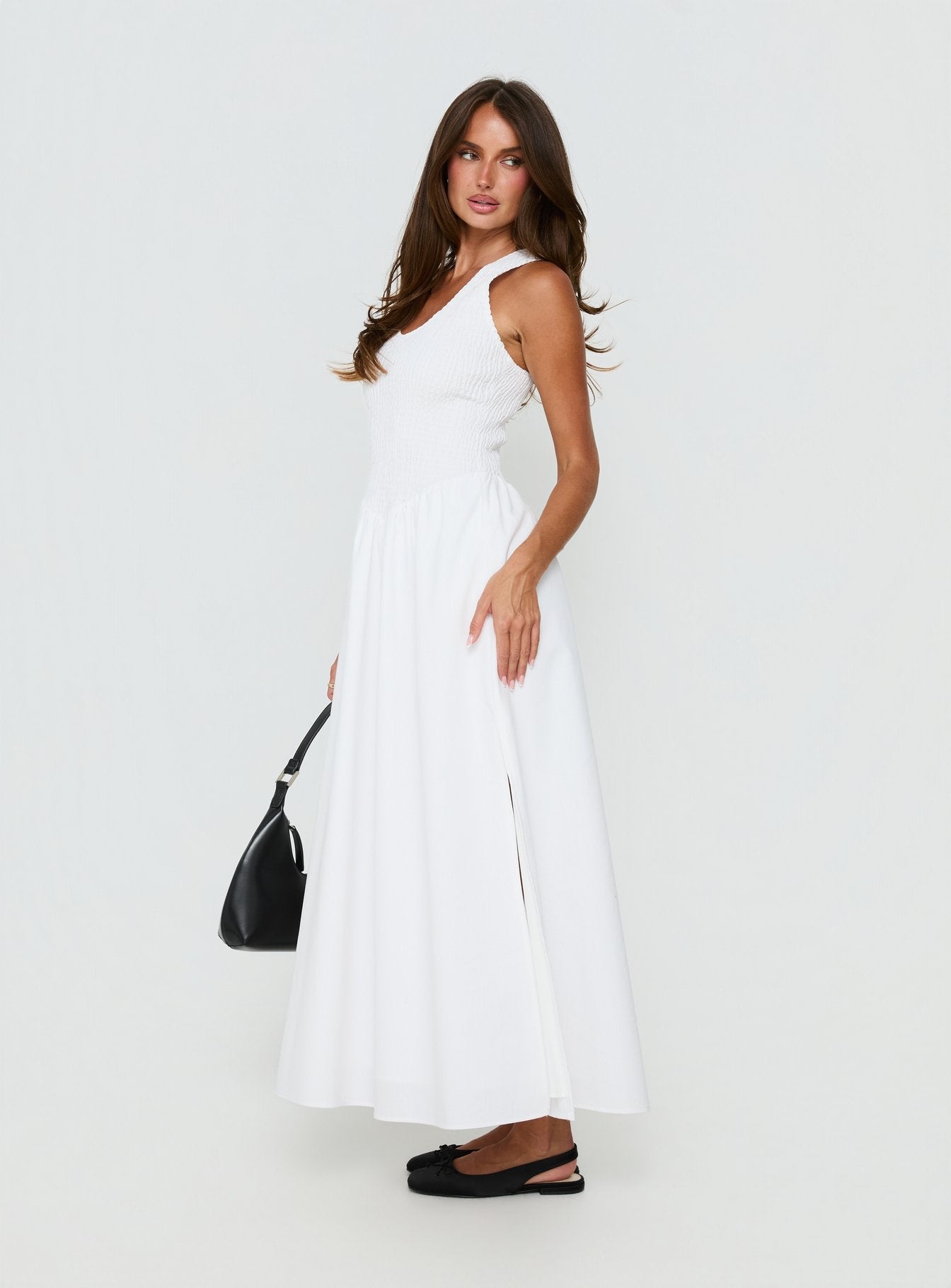 Highgate Drop Waist Pleat Detail Maxi Dress White - women's maxi dress by Ellevoria - view 4