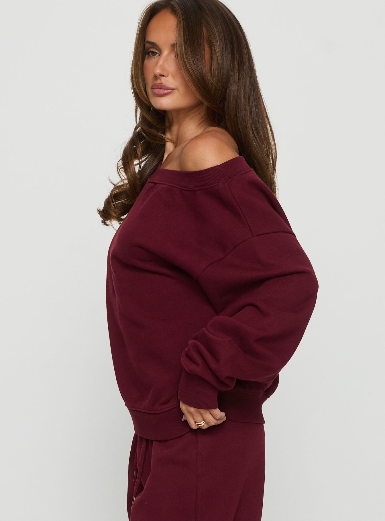 Wellness Off the Shoulder Jumper Currant women's sweater by Ellevoria