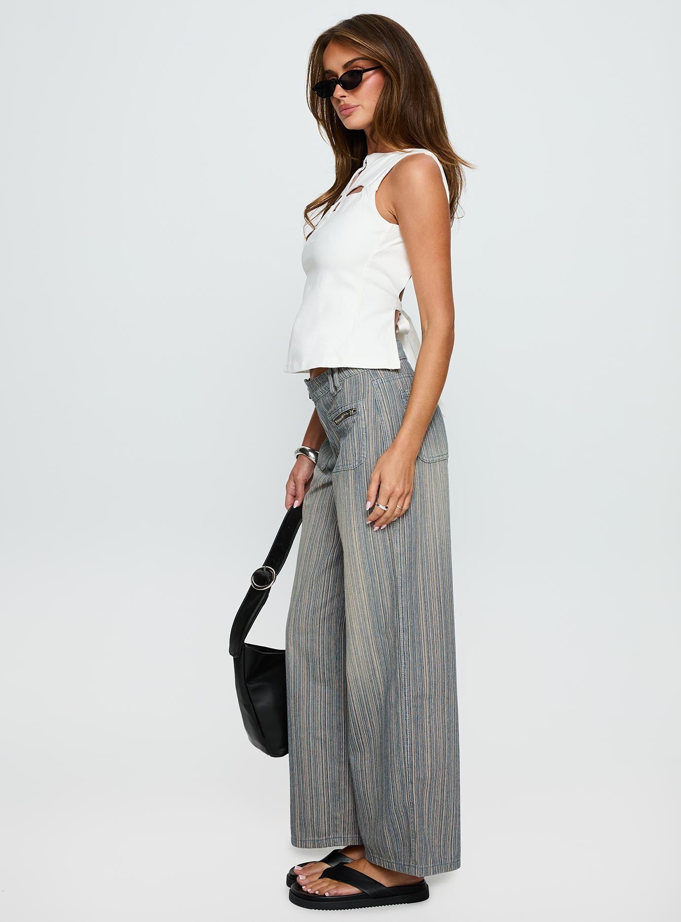 Lifetimes Mid Rise Wide Leg Cargo Jeans Dark Blue Stripe women's denim jeans by Ellevoria