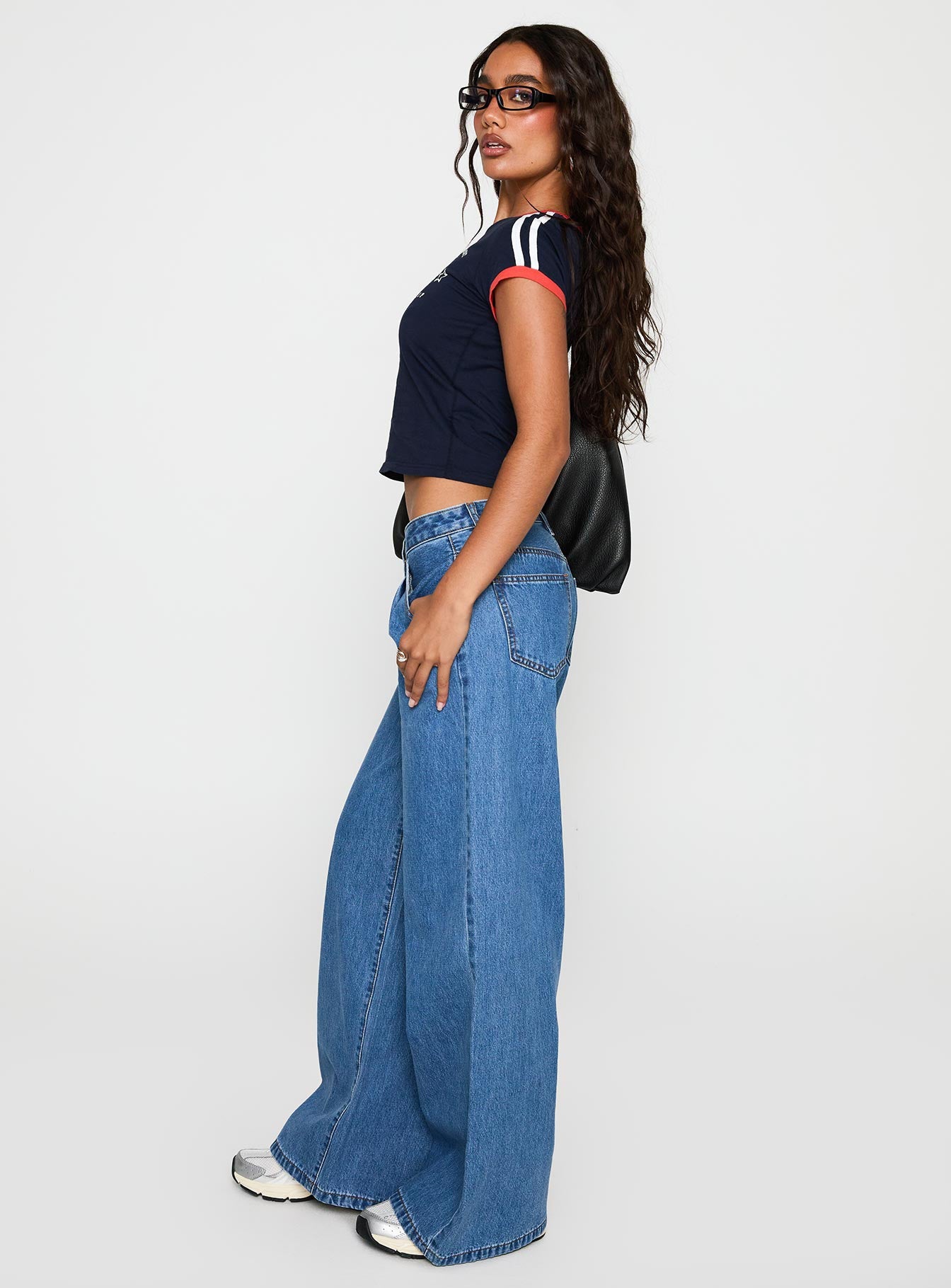 Supercut Low Rise Baggy Pleat Jeans Mid Blue women's denim jeans by Ellevoria