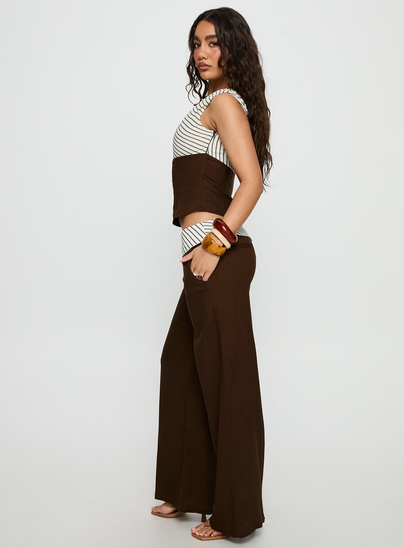 Past Life Fold Over Waistband Pant Brown / Stripe women's pant set by Ellevoria