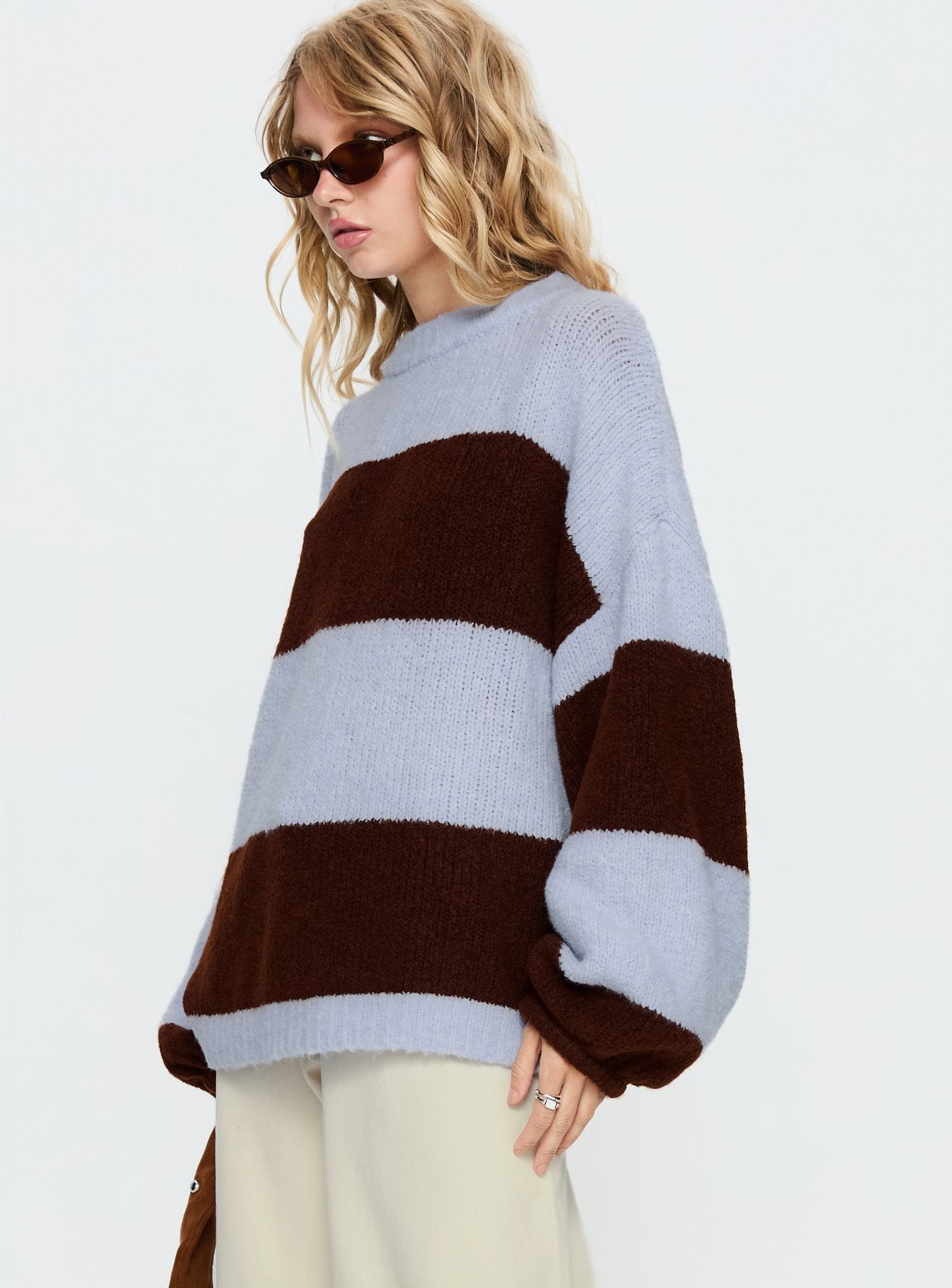 Bastien Crew Neck Knit Sweater Blue / Chocolate Stripe women's sweater by Ellevoria