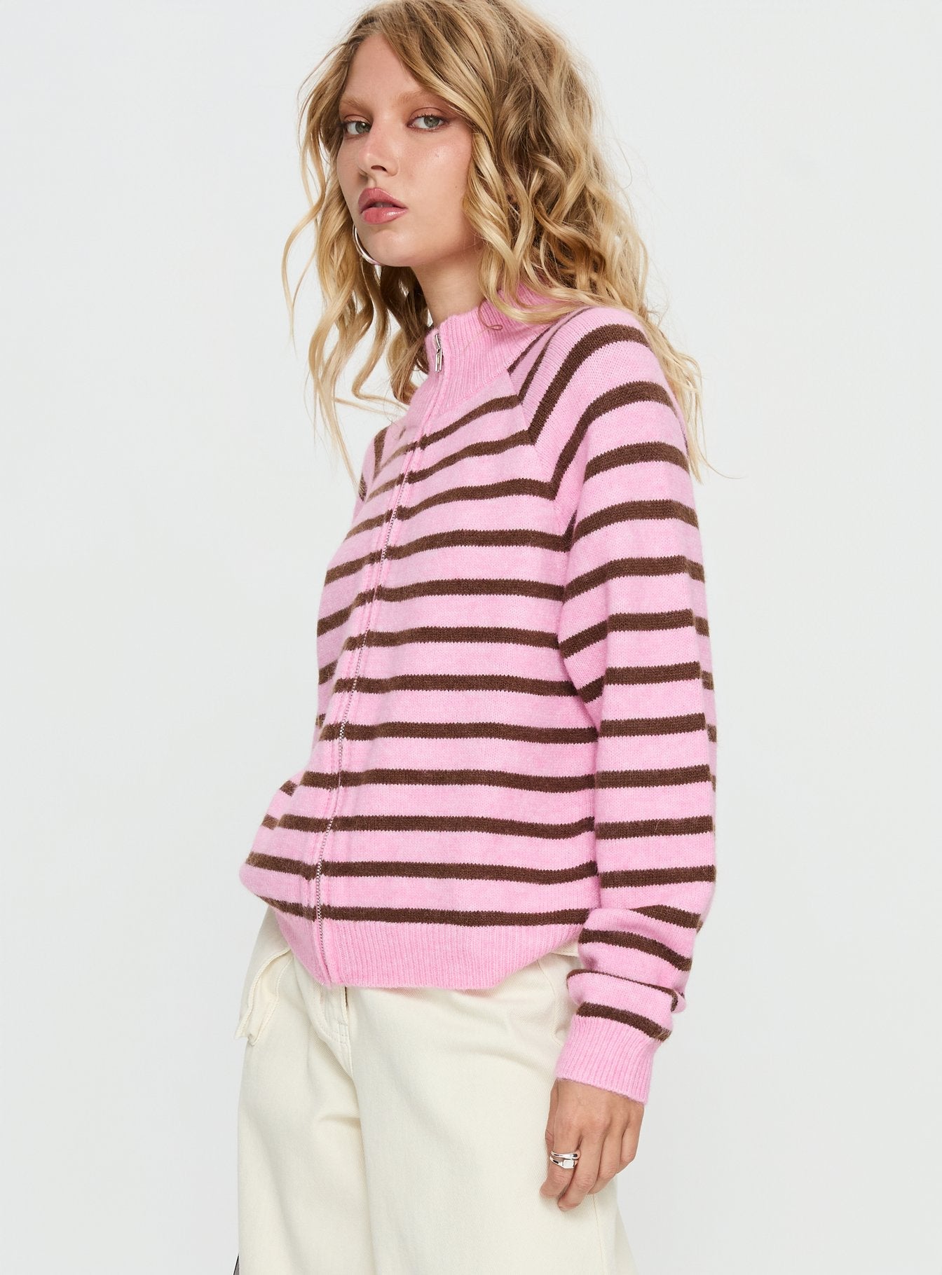 Kaylei Zip Through Cardigan Pink Stripe women's sweater by Ellevoria