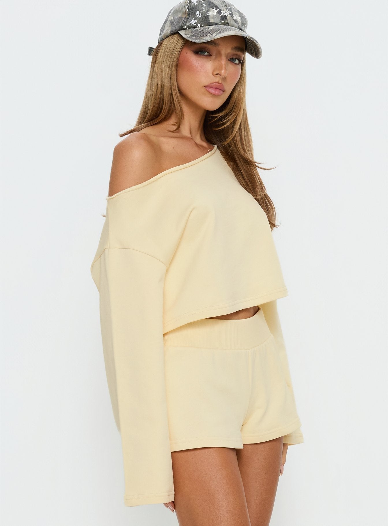 Retreat Raw Edge Off Shoulder Jumper Buttercream women's sweater by Ellevoria