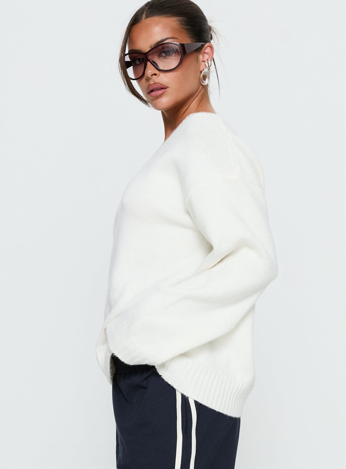 Kaileigh V Neck Knit Sweater Cream women's sweater by Ellevoria