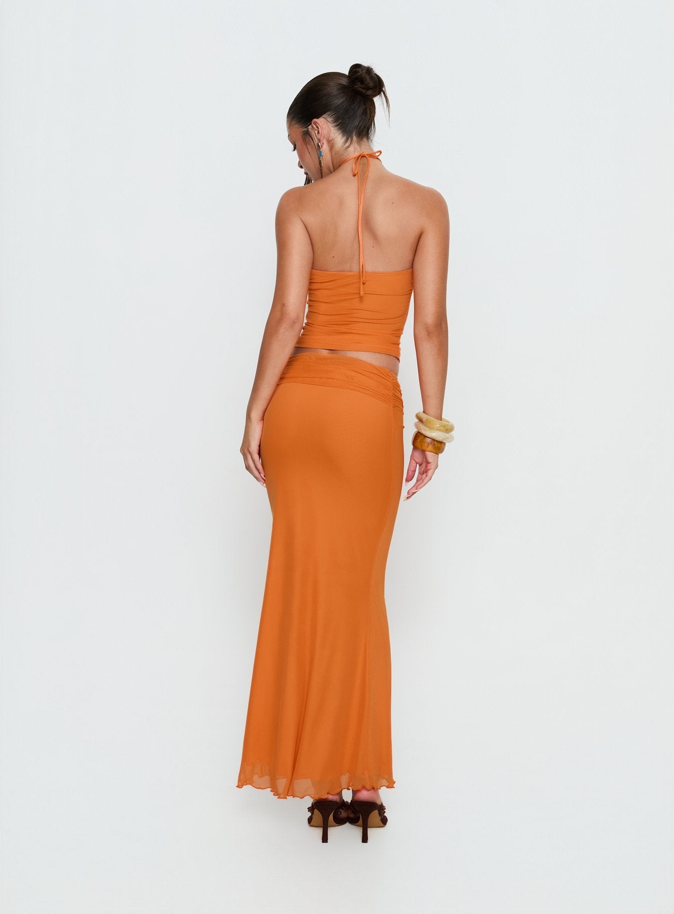 Star Fruit Ruched Waist Maxi Skirt Orange women's two piece set by Ellevoria