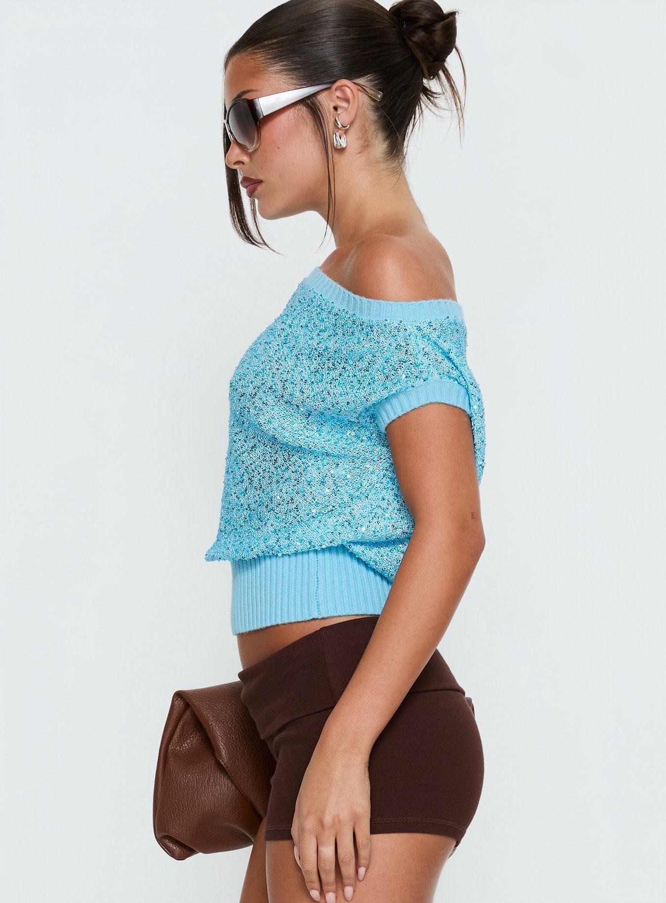 Marysa Sequin Knit Blouson Top Blue - women's top by Ellevoria - view 4