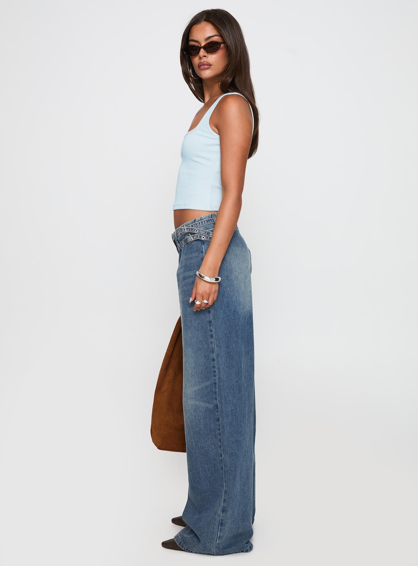 Paltrow Mid Rise Wide Leg Cargo Jeans Mid Blue Wash women's denim jeans by Ellevoria