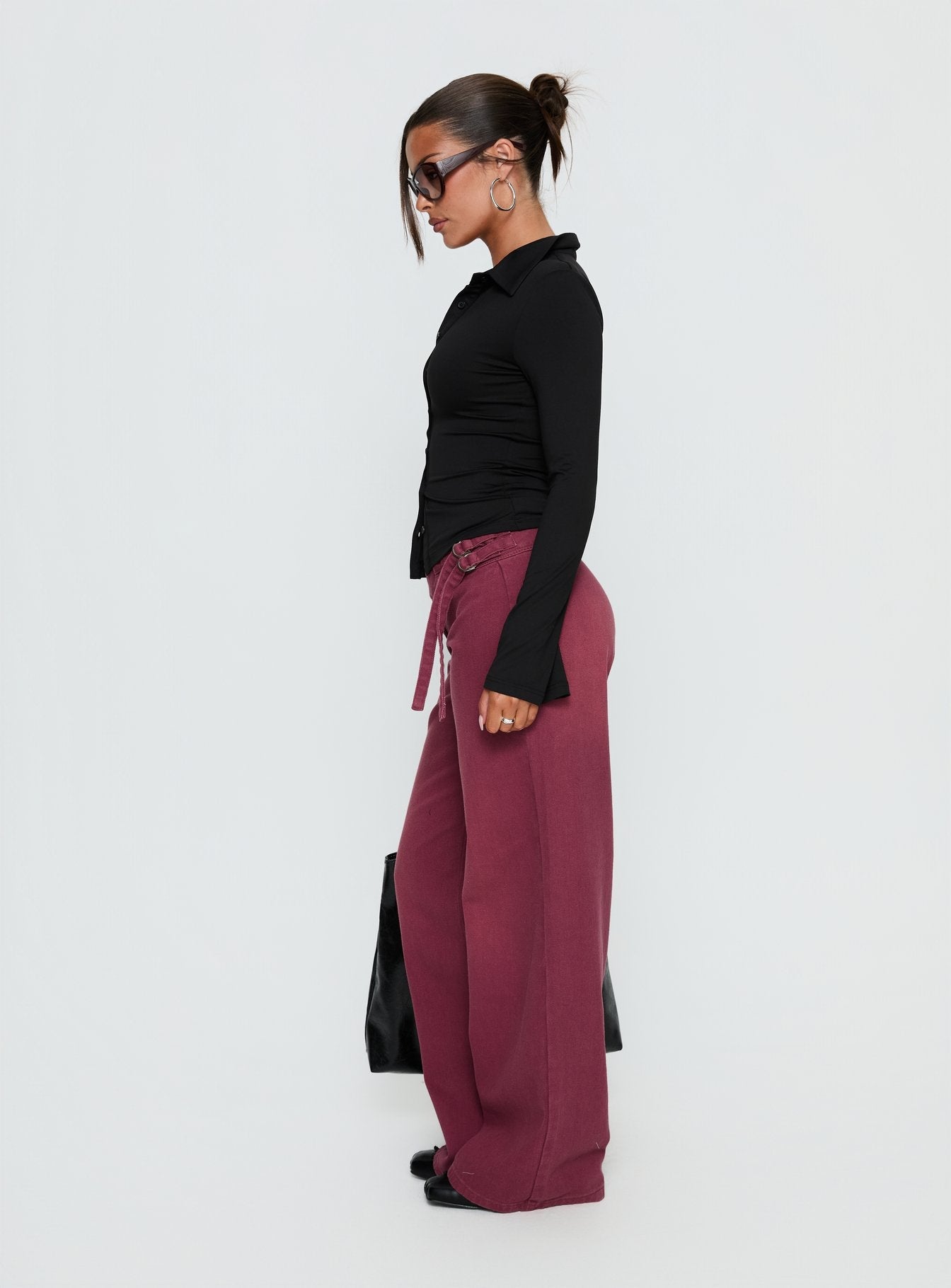 Boxie Mid Rise Wide Leg Jeans Washed Burgundy women's denim jeans by Ellevoria