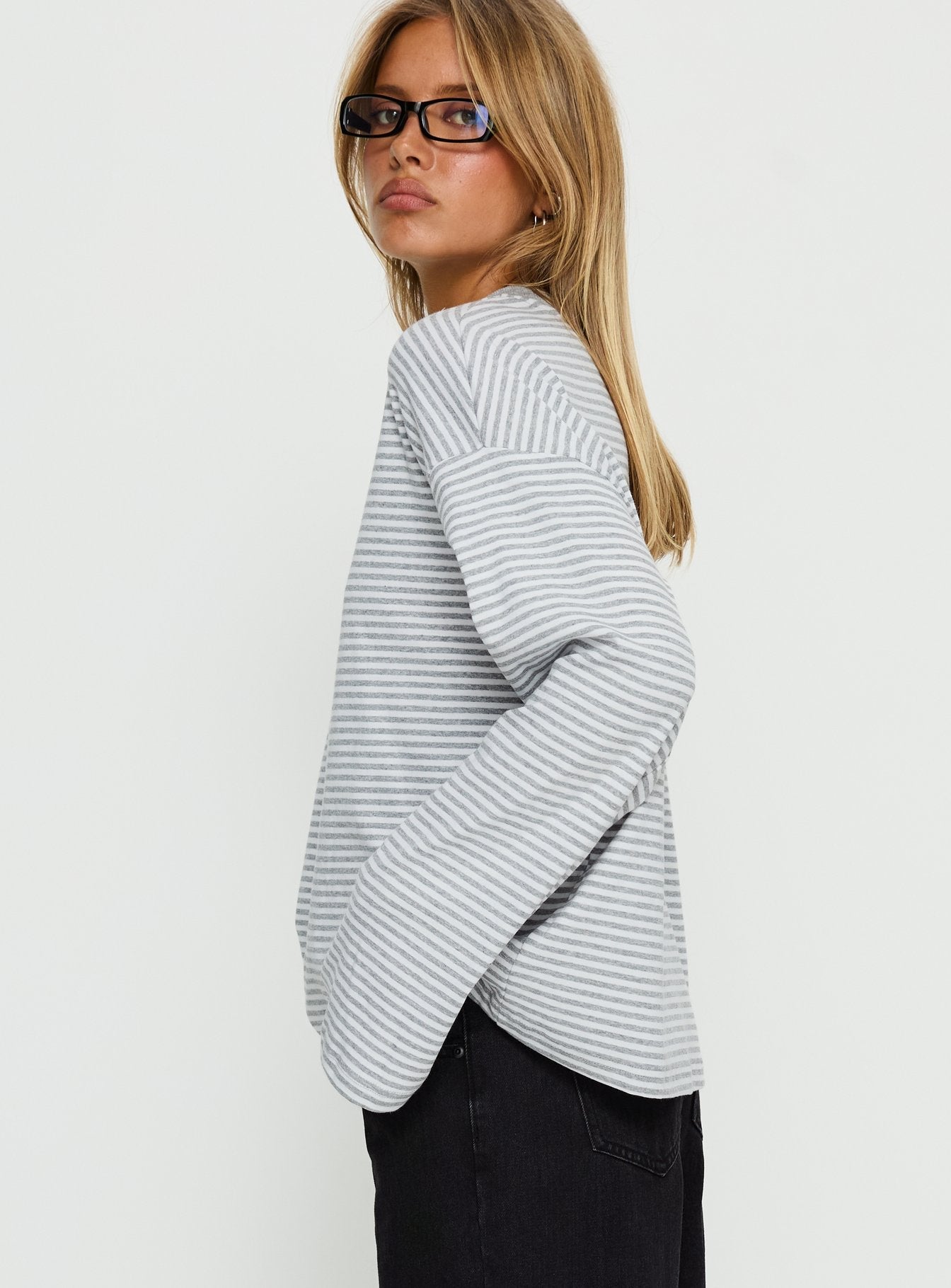 Settle Down Long Sleeve Top Grey / White Stripe women's two piece set by Ellevoria