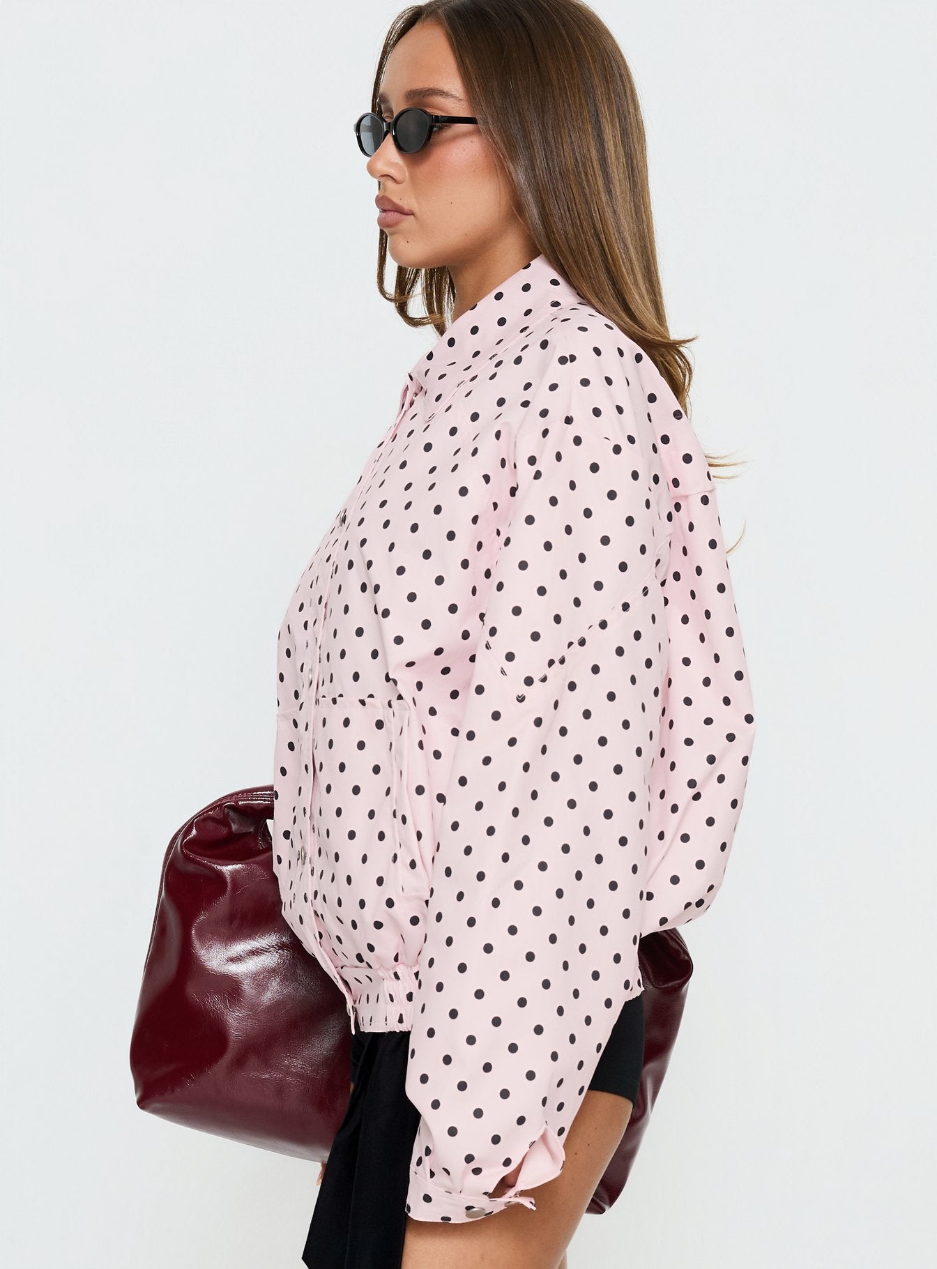 Swayer Oversized Jacket Pink Polka Dot women's jacket by Ellevoria