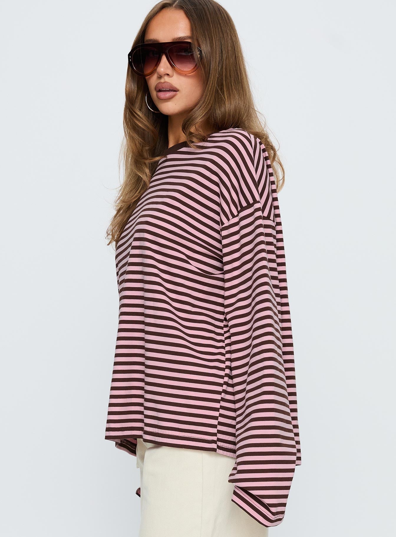 Settle Down Long Sleeve Top Pink / Brown Stripe women's two piece set by Ellevoria