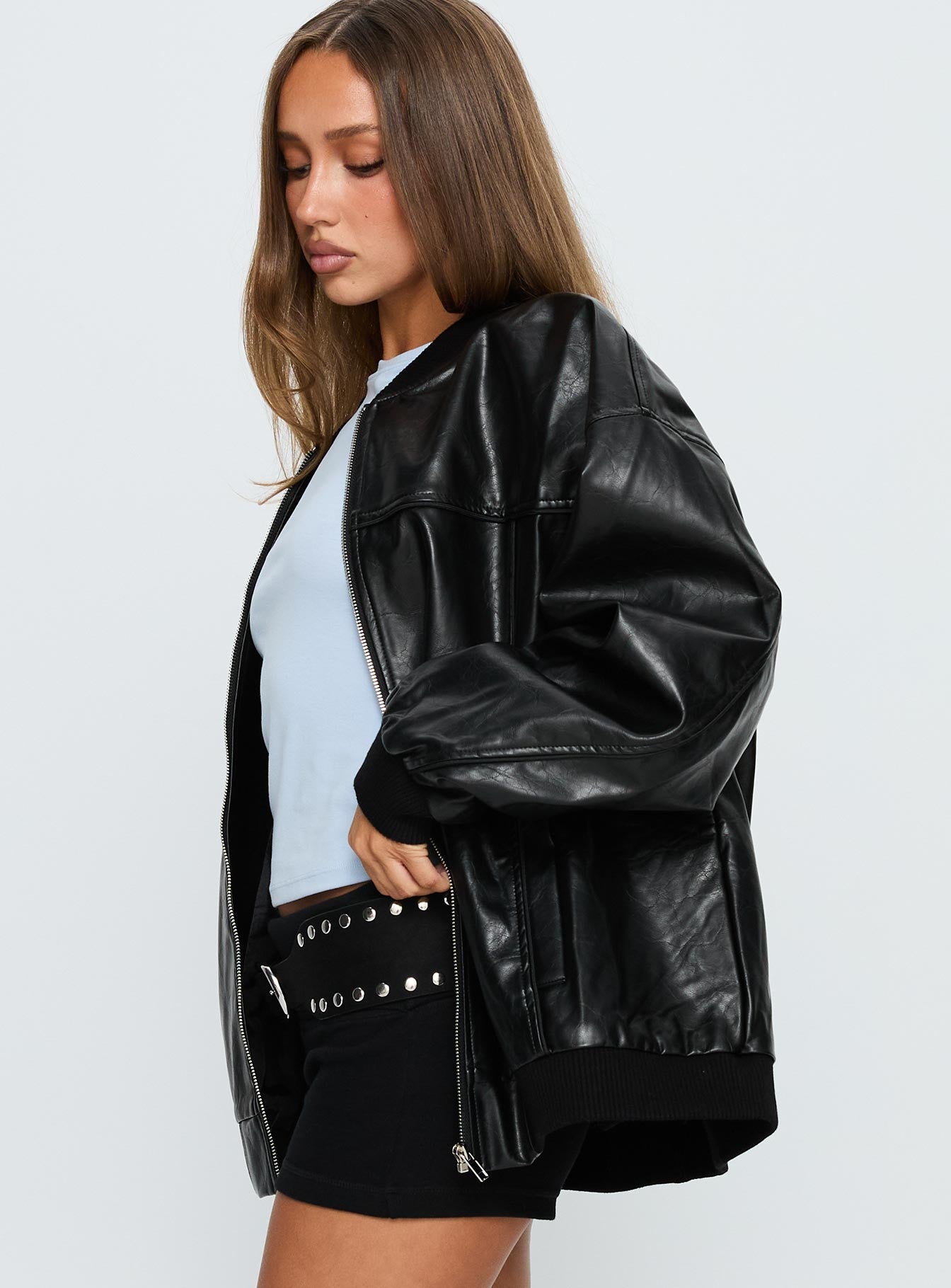 Believe It Faux Leather Bomber Jacket Black women's jacket by Ellevoria