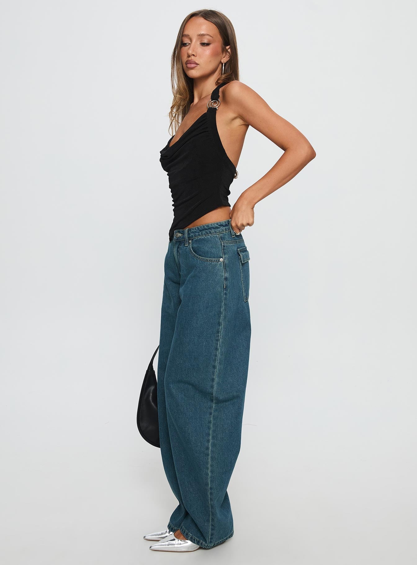 Juda Mid Rise Barrel Leg Jeans Mid Blue Wash women's denim jeans by Ellevoria