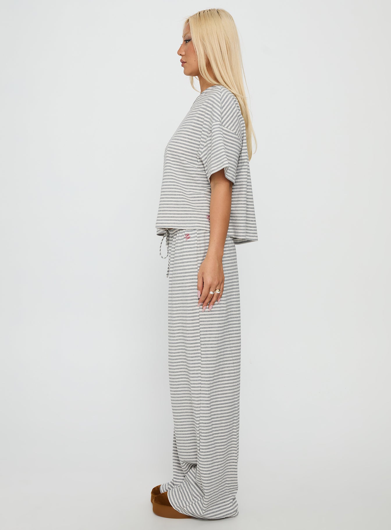 Tobie Off Shoulder Sleep Set Grey Stripe women's two piece set by Ellevoria
