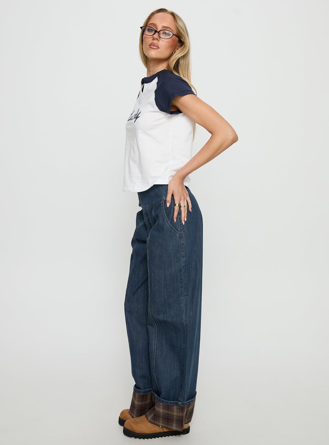 Nikoletta Foldover Jeans Dark Wash / Check women's denim jeans by Ellevoria
