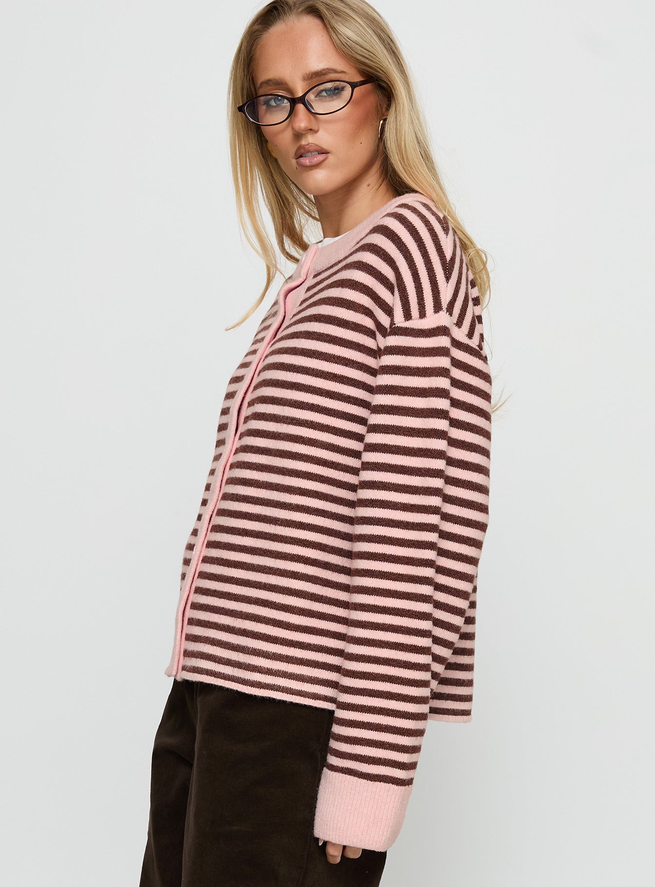 Darnelle Button Up Knit Cardigan Pink Stripe women's sweater by Ellevoria
