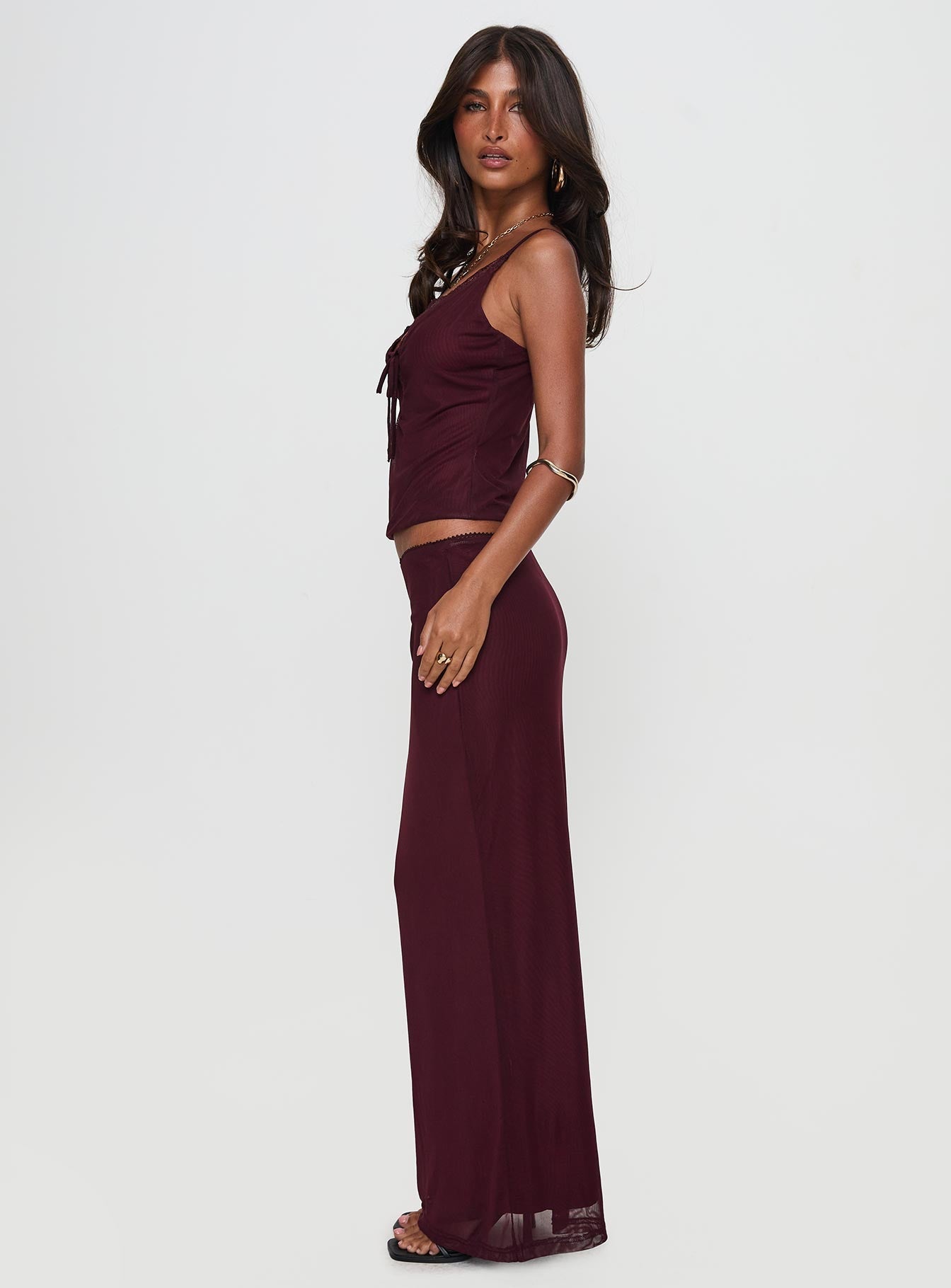 Reiko Lace Trim Tie Front Maxi Set Burgundy women's two piece set by Ellevoria