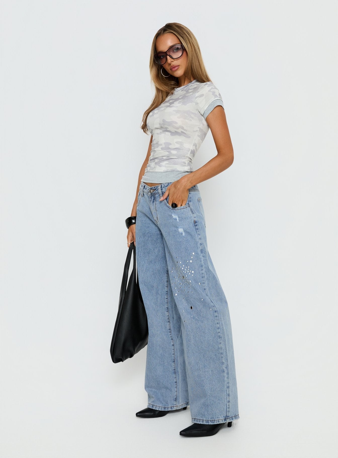 Candi Mid Rise Wide Leg Studded Jeans Light Blue Wash women's denim jeans by Ellevoria