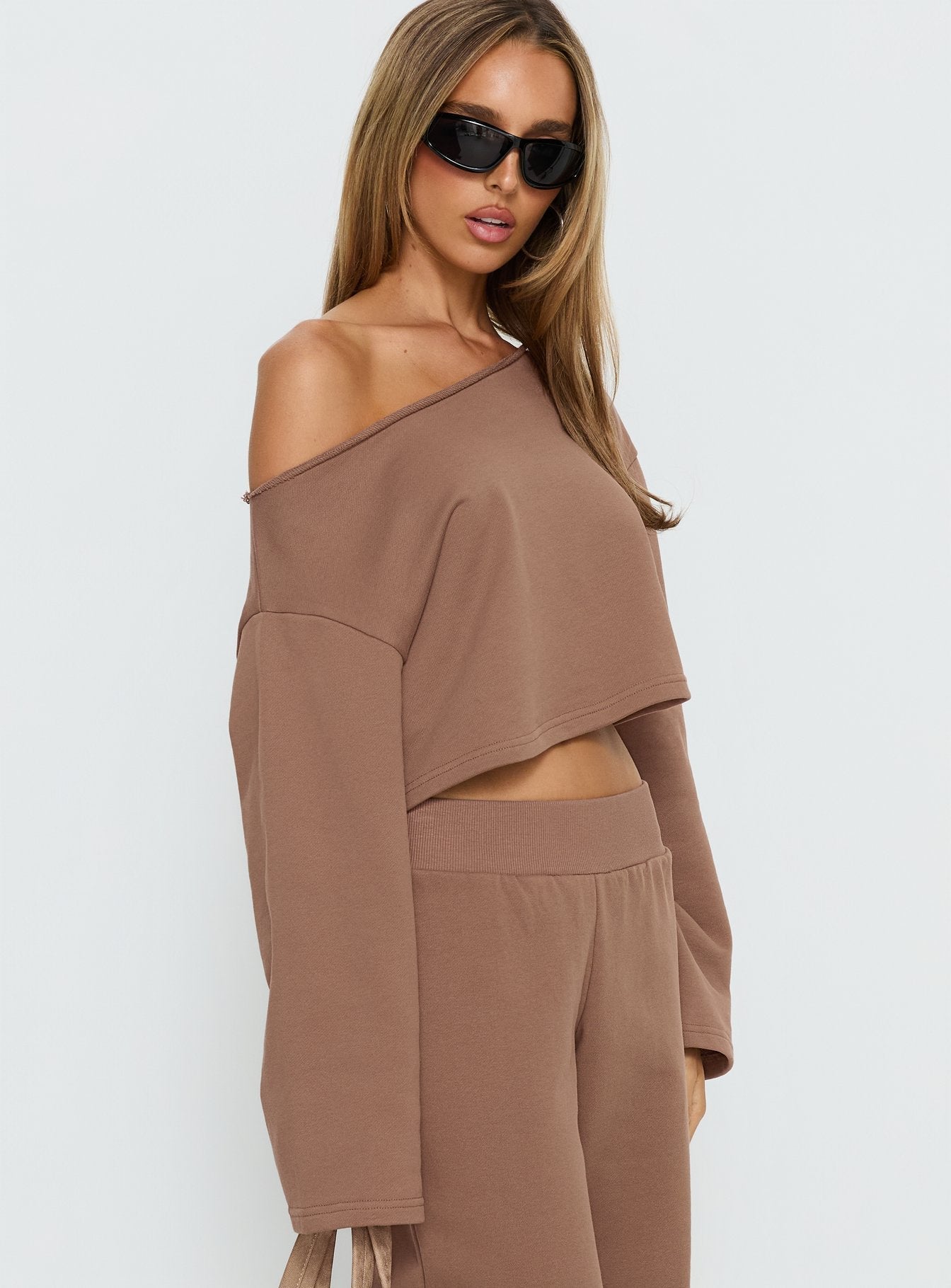 Retreat Raw Edge Off Shoulder Jumper Cocoa women's sweater by Ellevoria