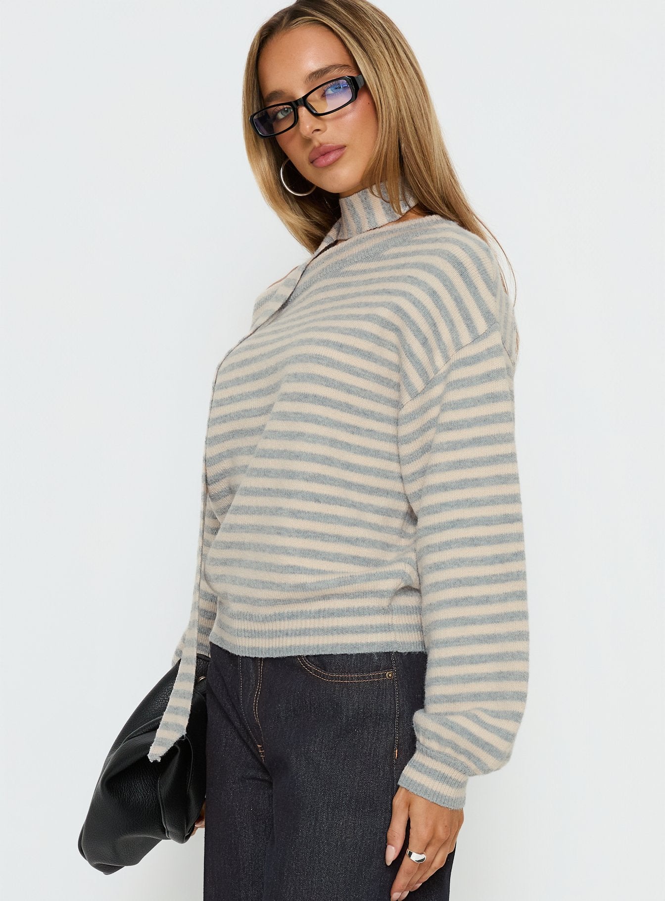 Ruthi Scarf Off Shoulder Knit Sweater Neutral Stripe women's sweater by Ellevoria