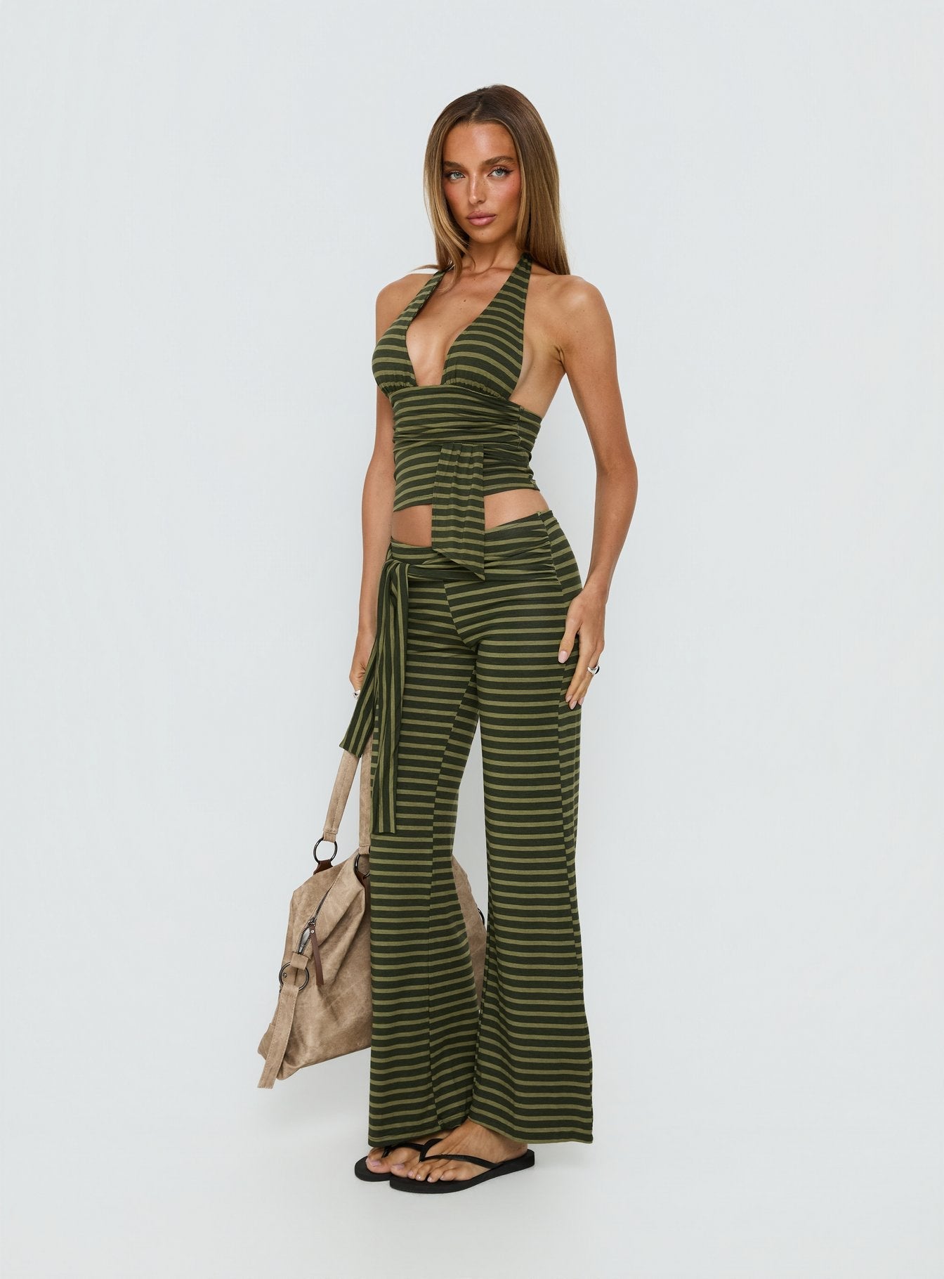 Esata Tie Detail Pants Green Stripe women's pant set by Ellevoria