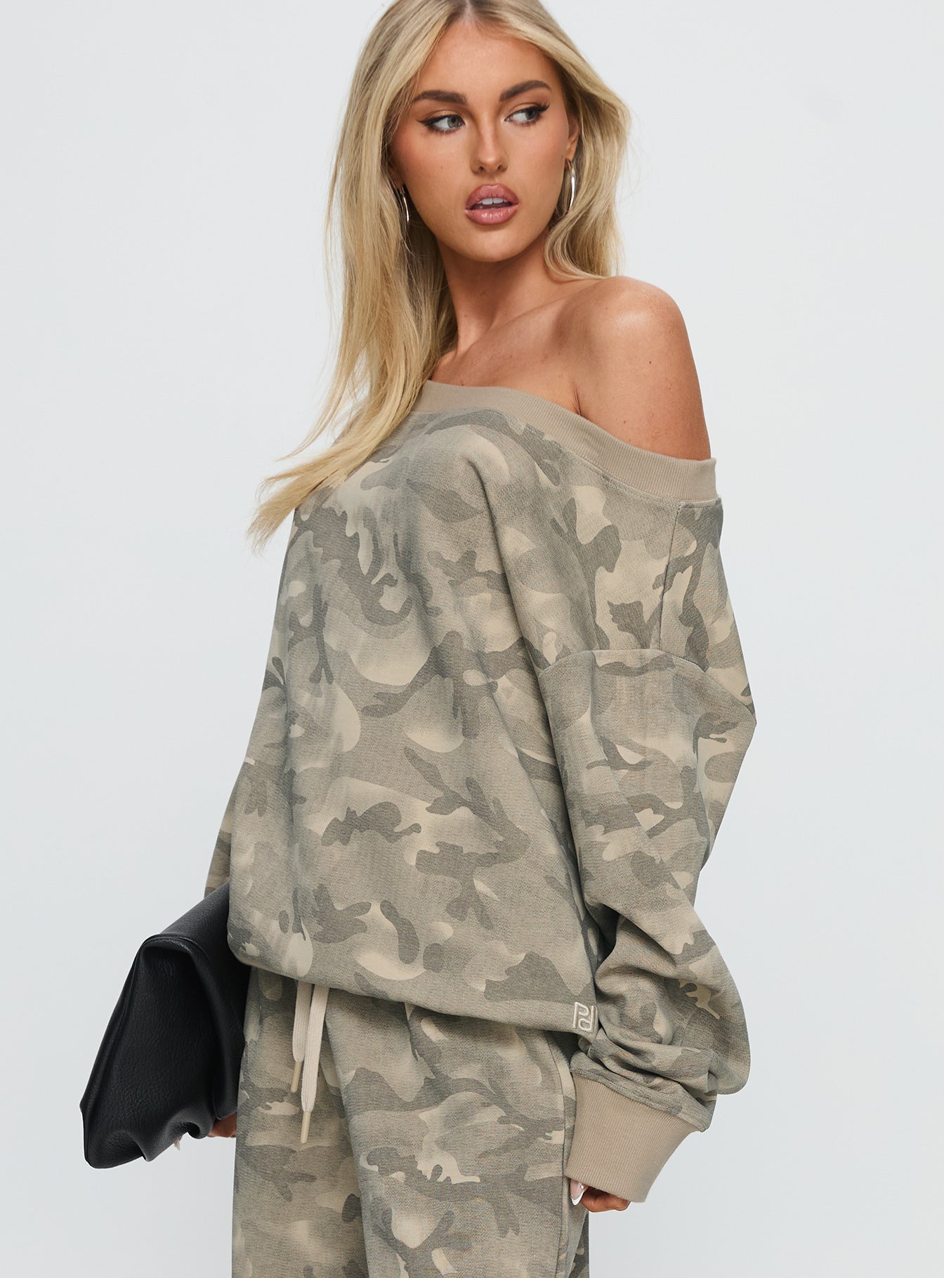 Wellness Off The Shoulder Jumper Washed Camo women's sweater by Ellevoria