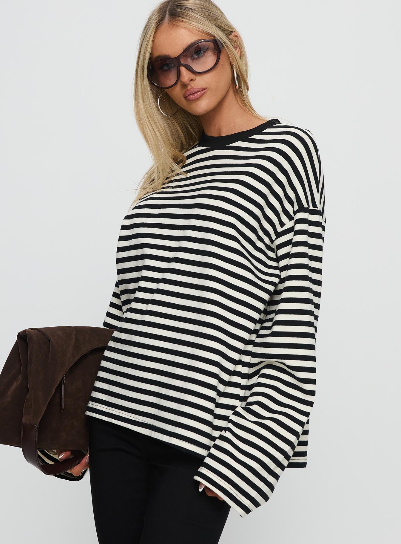 Settle Down Long Sleeve Top Black / White Stripe women's two piece set by Ellevoria
