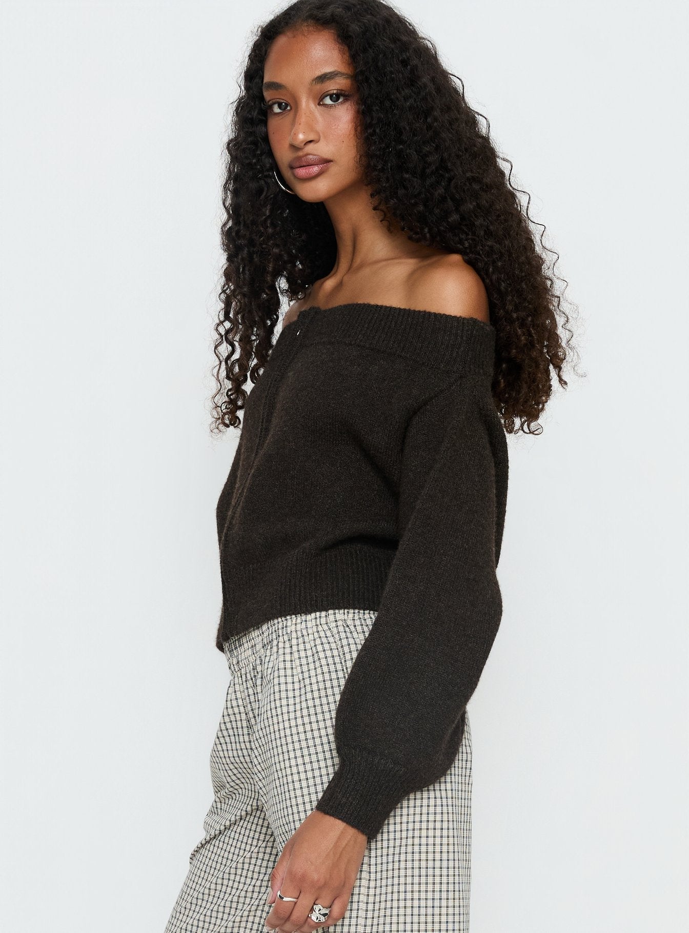 Ortensa Off Shoulder Zip Through Jumper Brown women's sweater by Ellevoria