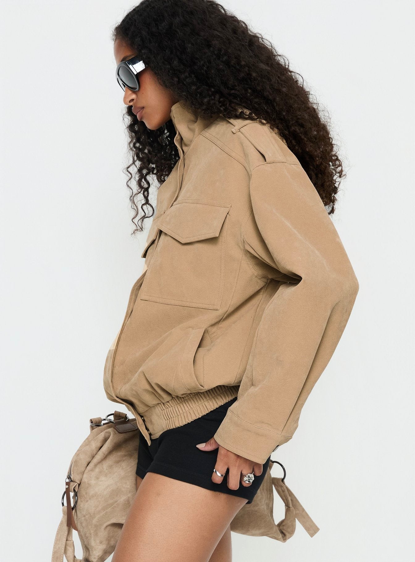 Double Life Funnel Neck Cargo Jacket Beige women's jacket by Ellevoria