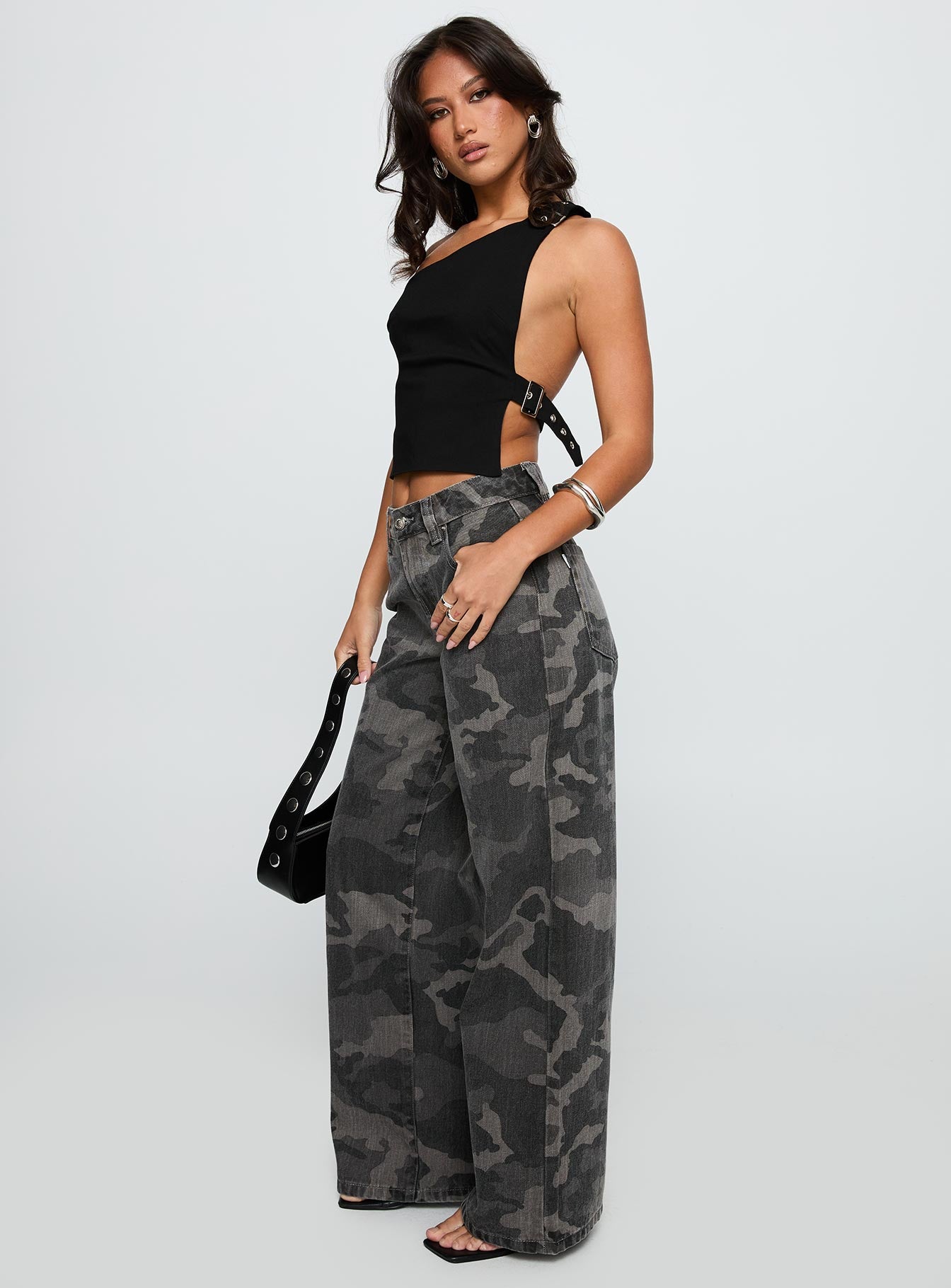 Big Talk Mid Rise Straight Leg Jeans Grey Washed Camo women's denim jeans by Ellevoria