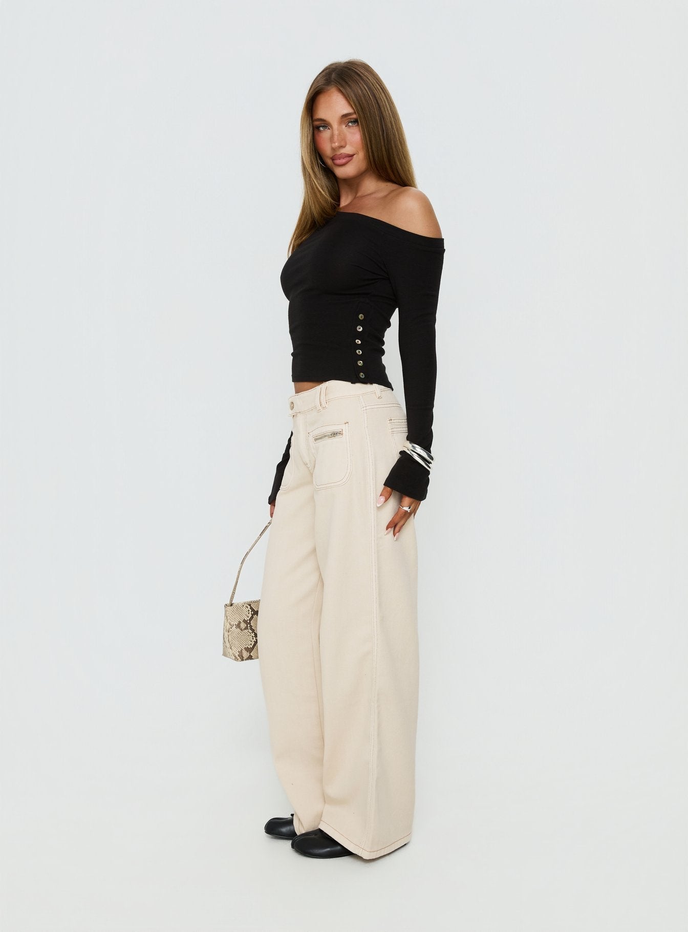 Lifetimes Mid Rise Wide Leg Cargo Jeans Cream women's denim jeans by Ellevoria